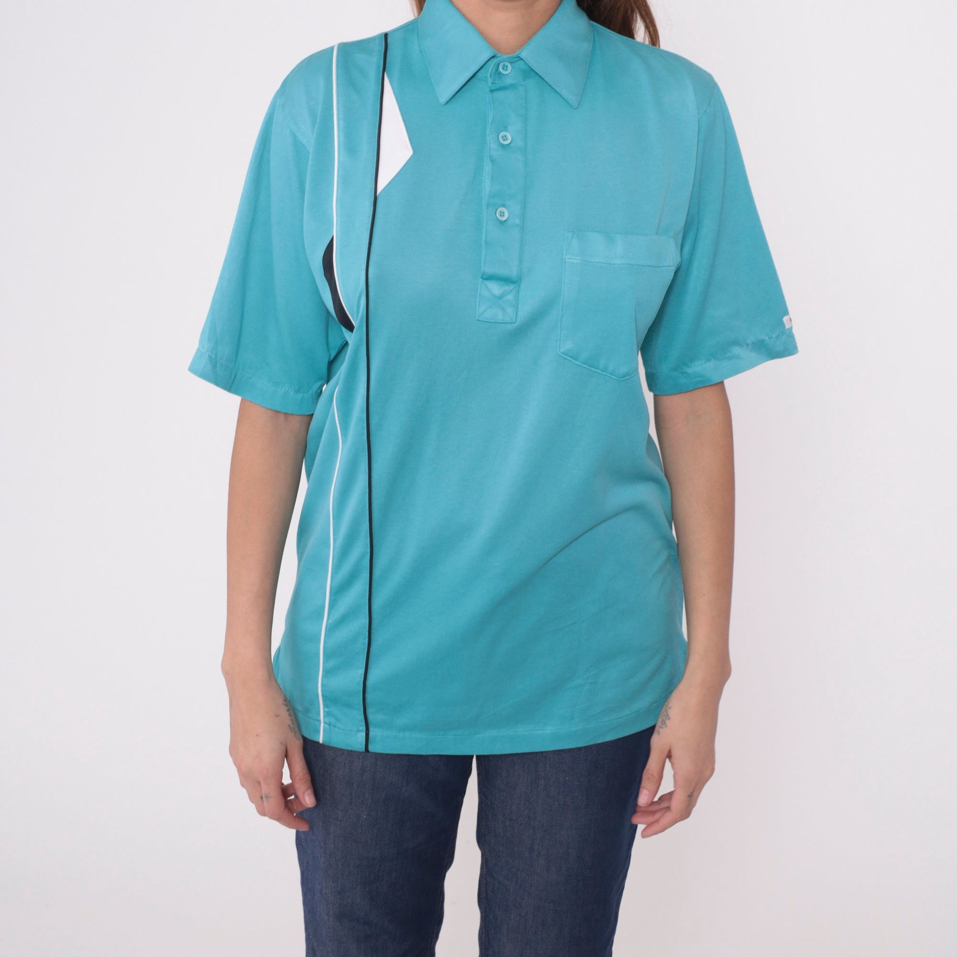90s Cougar Golf Polo Shirt Blue Geometric Piping Stripes Medium