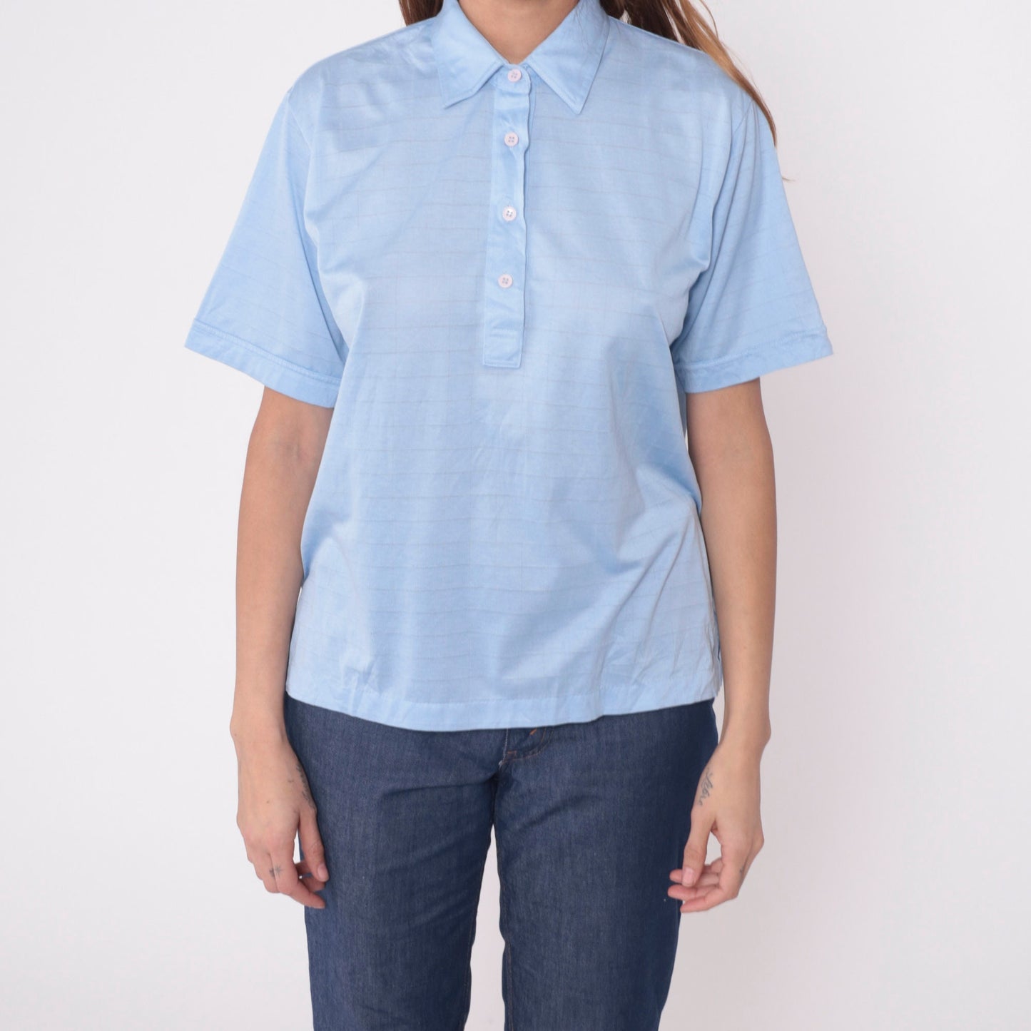 80s Lady Cougar Polo Shirt Baby Blue Grid Print Quarter Button Medium