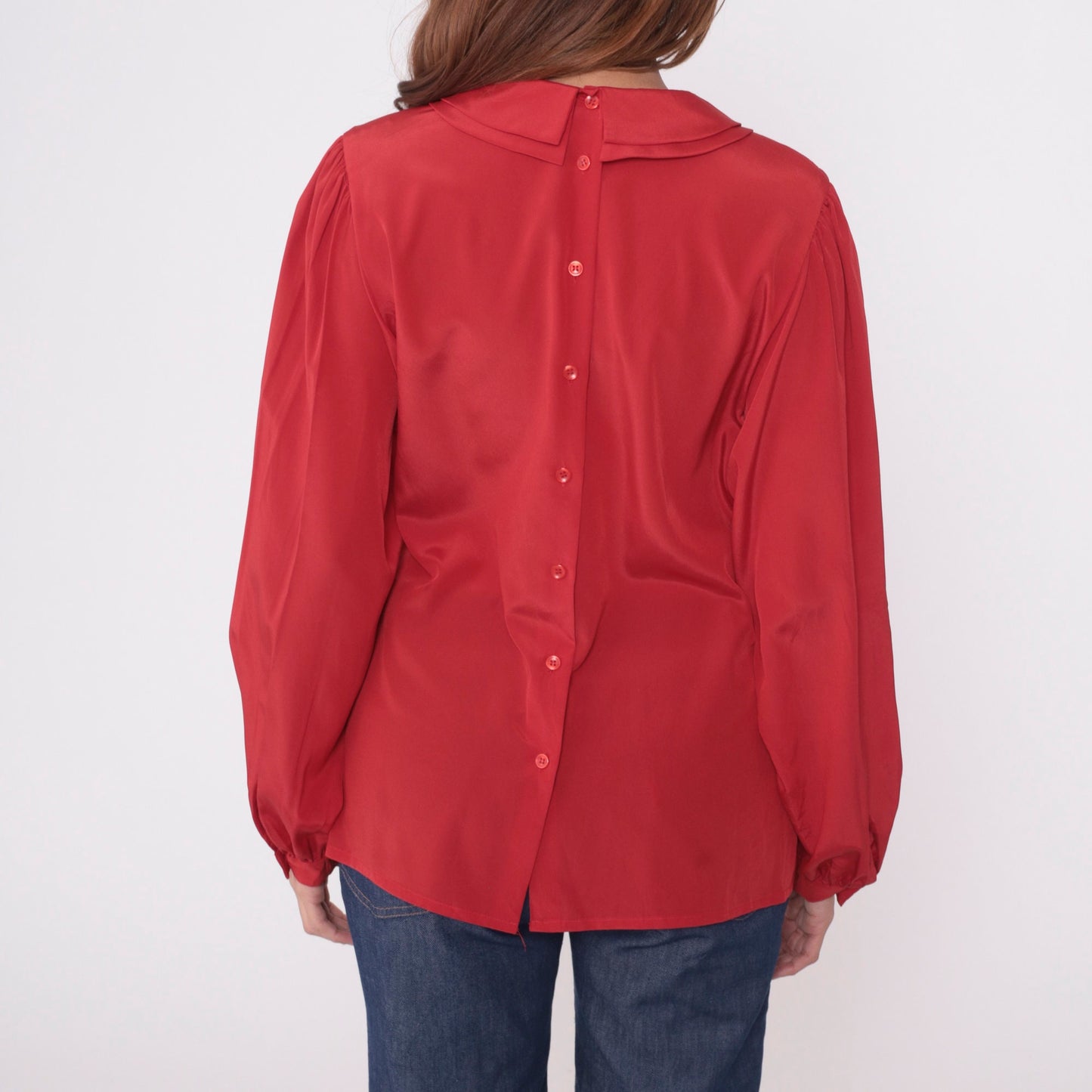 80s Red Puff Sleeve Blouse Peter Pan Collar Pleated Button Up Medium