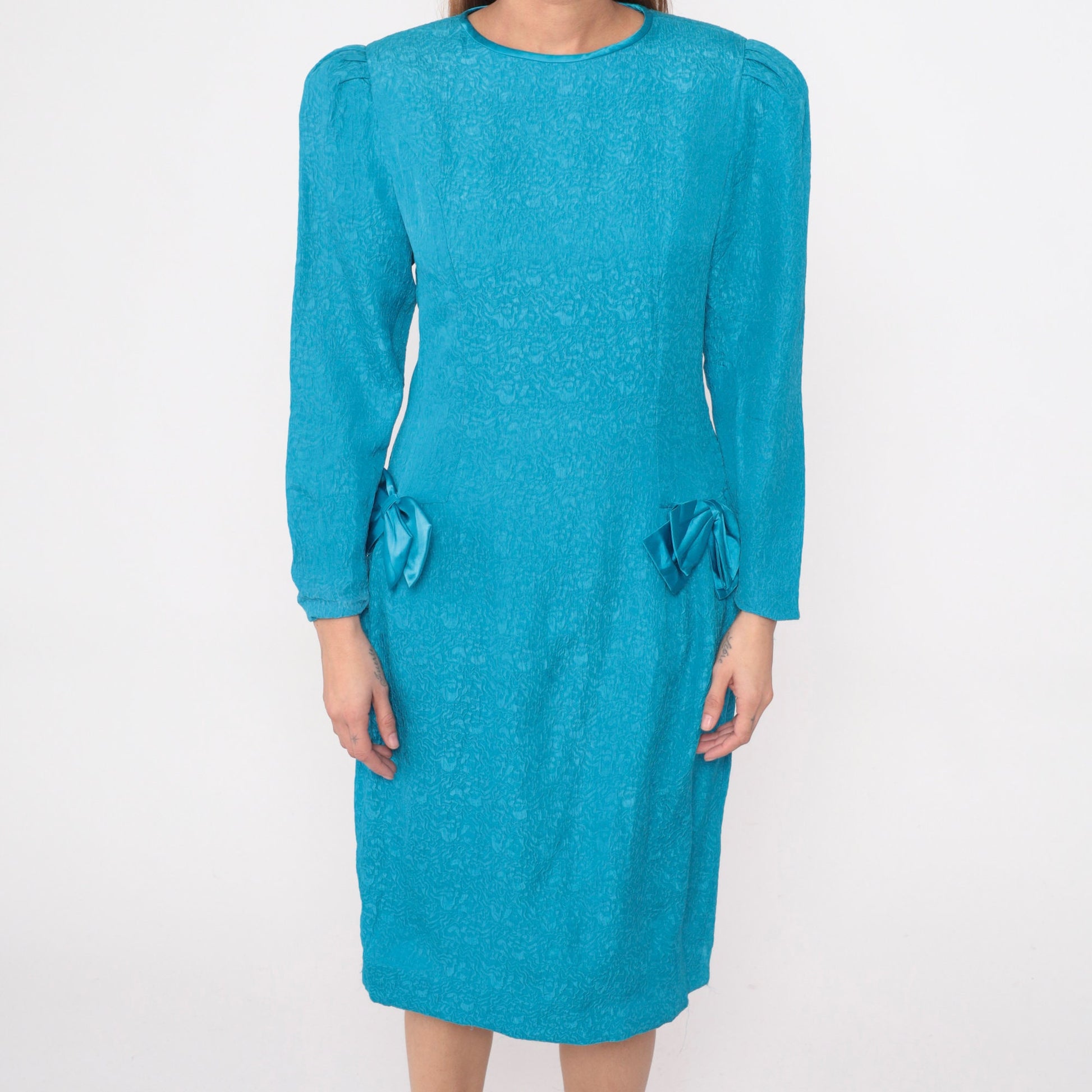 80s Richard Warren Turquoise Silk Midi Dress Puff Sleeve Bow Medium