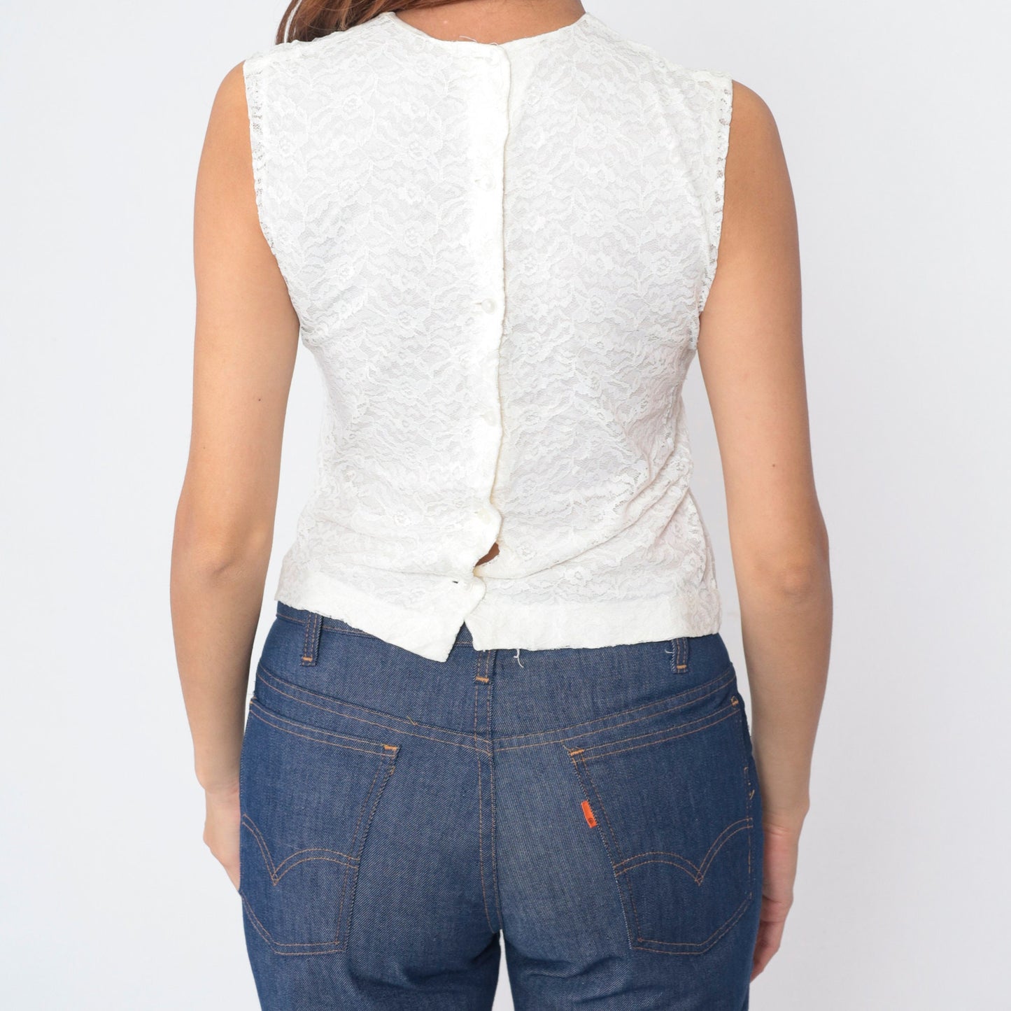 60s White Lace Sleeveless Blouse Button Back Crop Top Small
