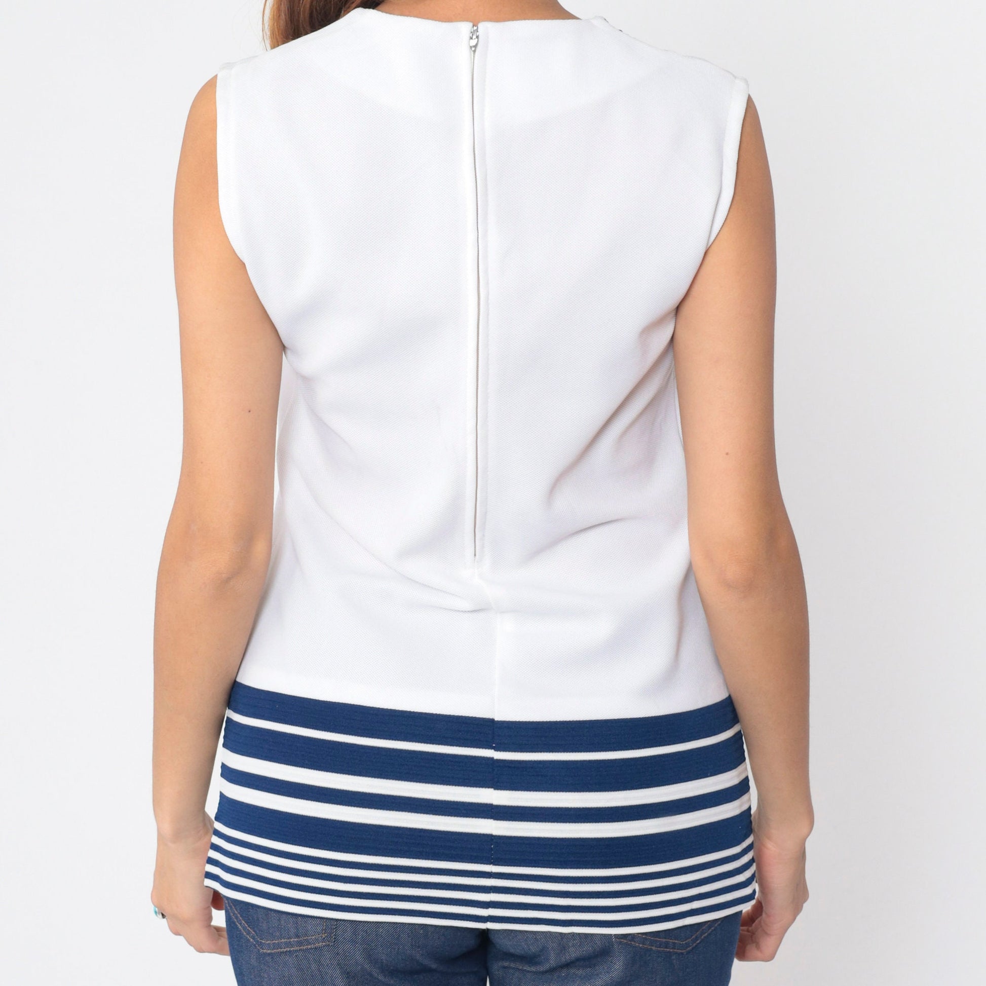 70s Nautical Striped V-Neck Tank Top White Blue Chevron Sleeveless Small