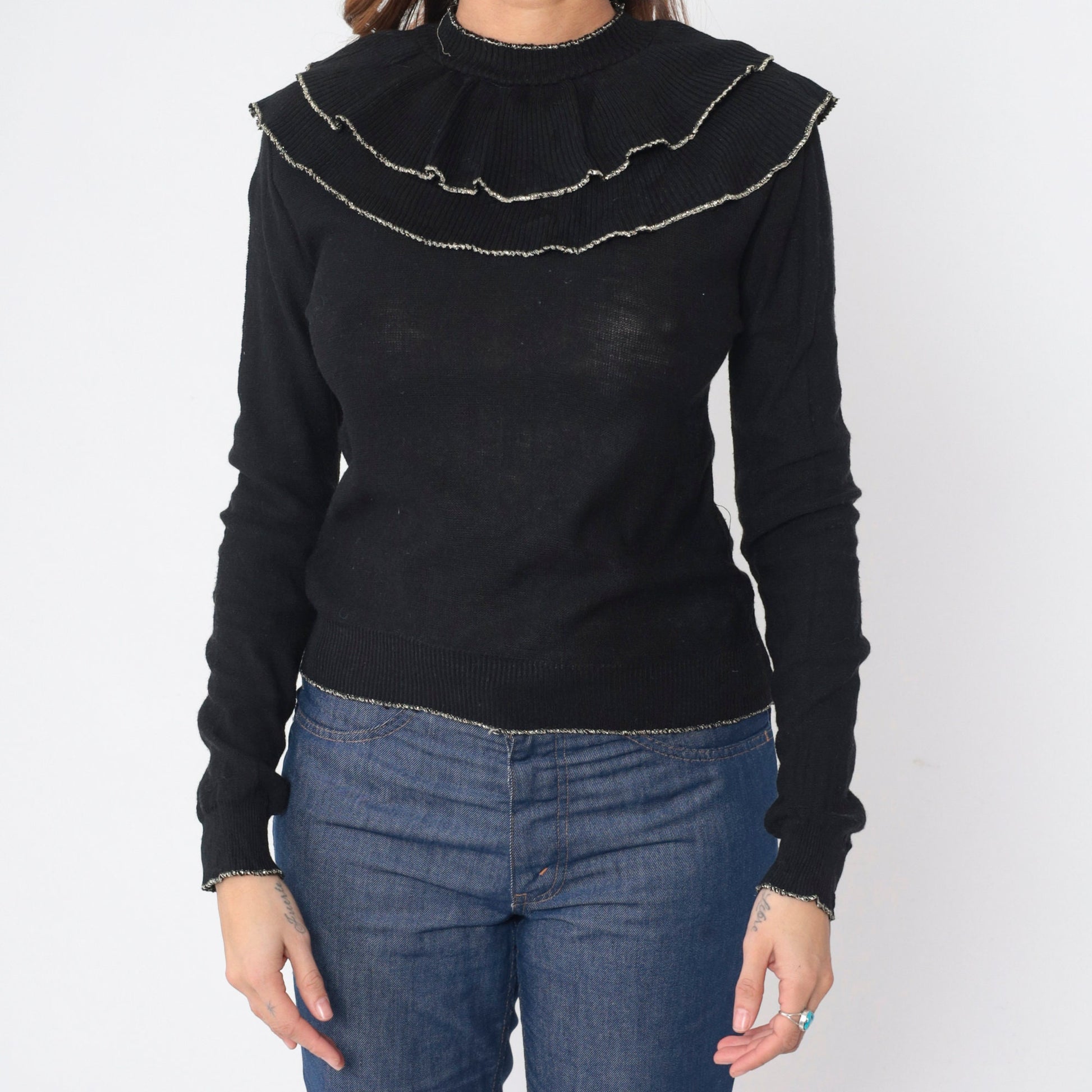 70s Black Sweater Double Bertha Collar Silver Metallic Trim Knit Pullover Extra Small