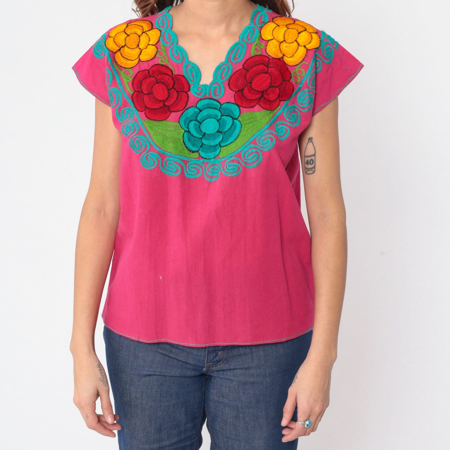 90s Mexican Embroidered Blouse Hot Pink Floral Cotton Peasant Small