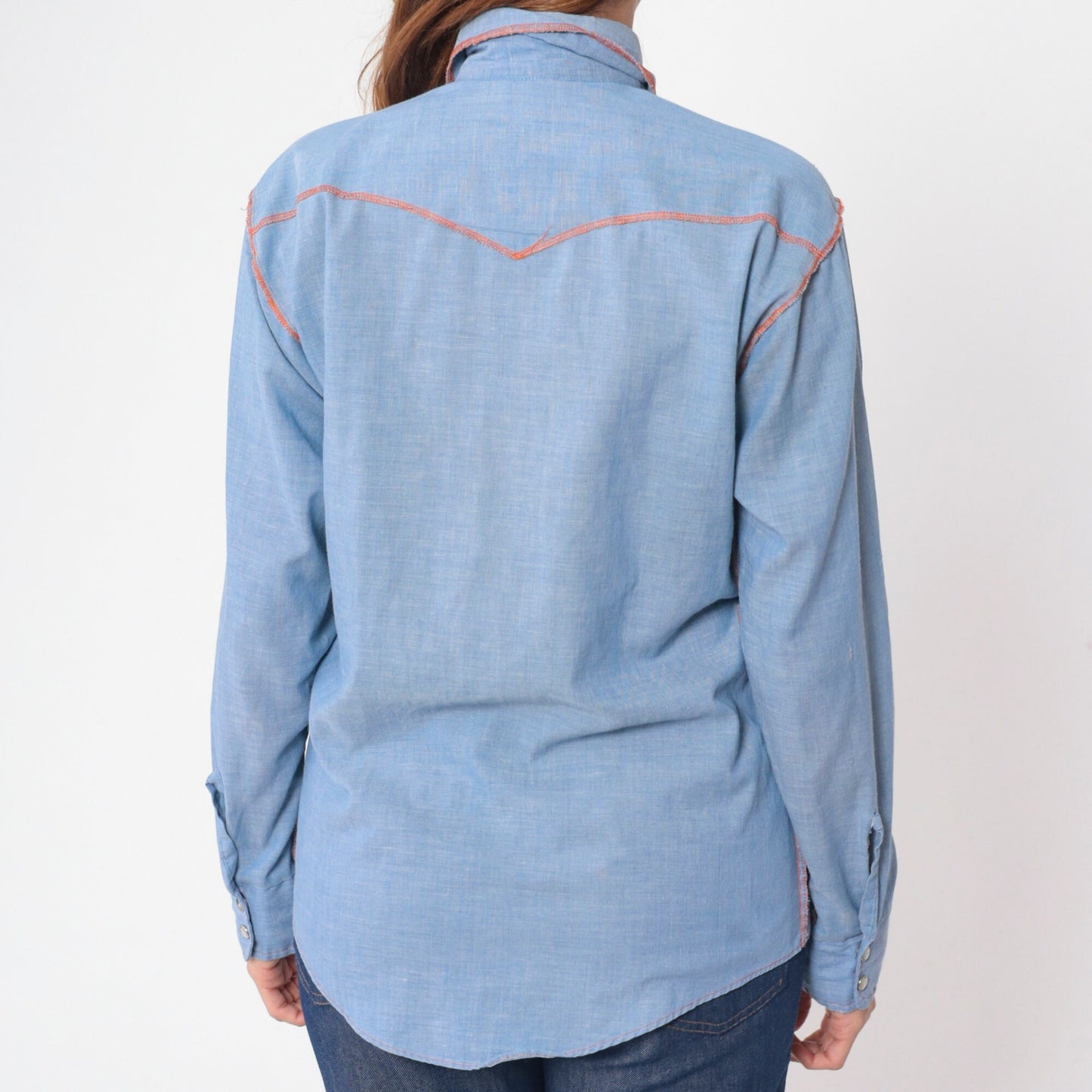 70s Andy New York Chambray Shirt Pearl Snap Western Dagger Collar Medium