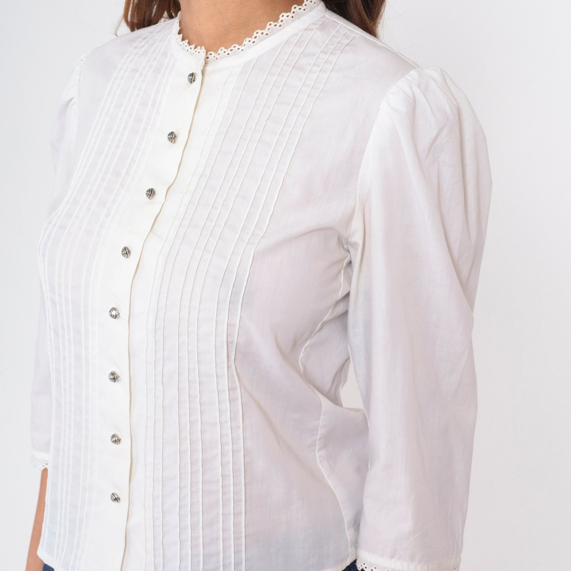 70s Lanz Originals White Prairie Blouse Puff Sleeve Pintuck Button Up Small