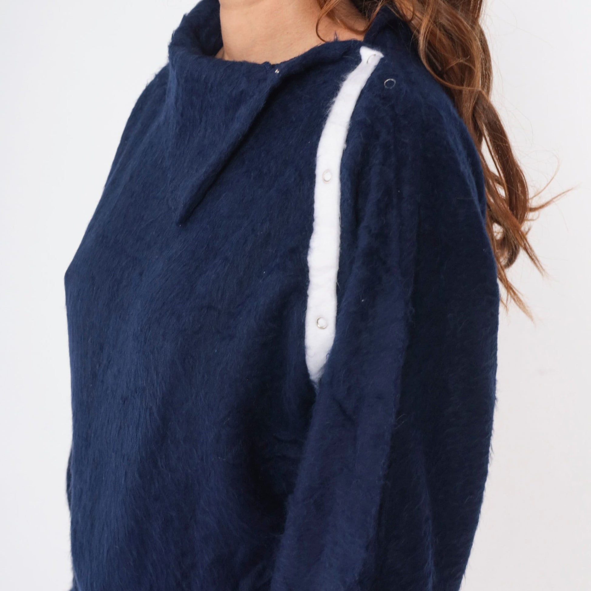 80s Navy Shaggy Fleece Sweatshirt Asymmetrical Shawl Collar Snap Pullover Small