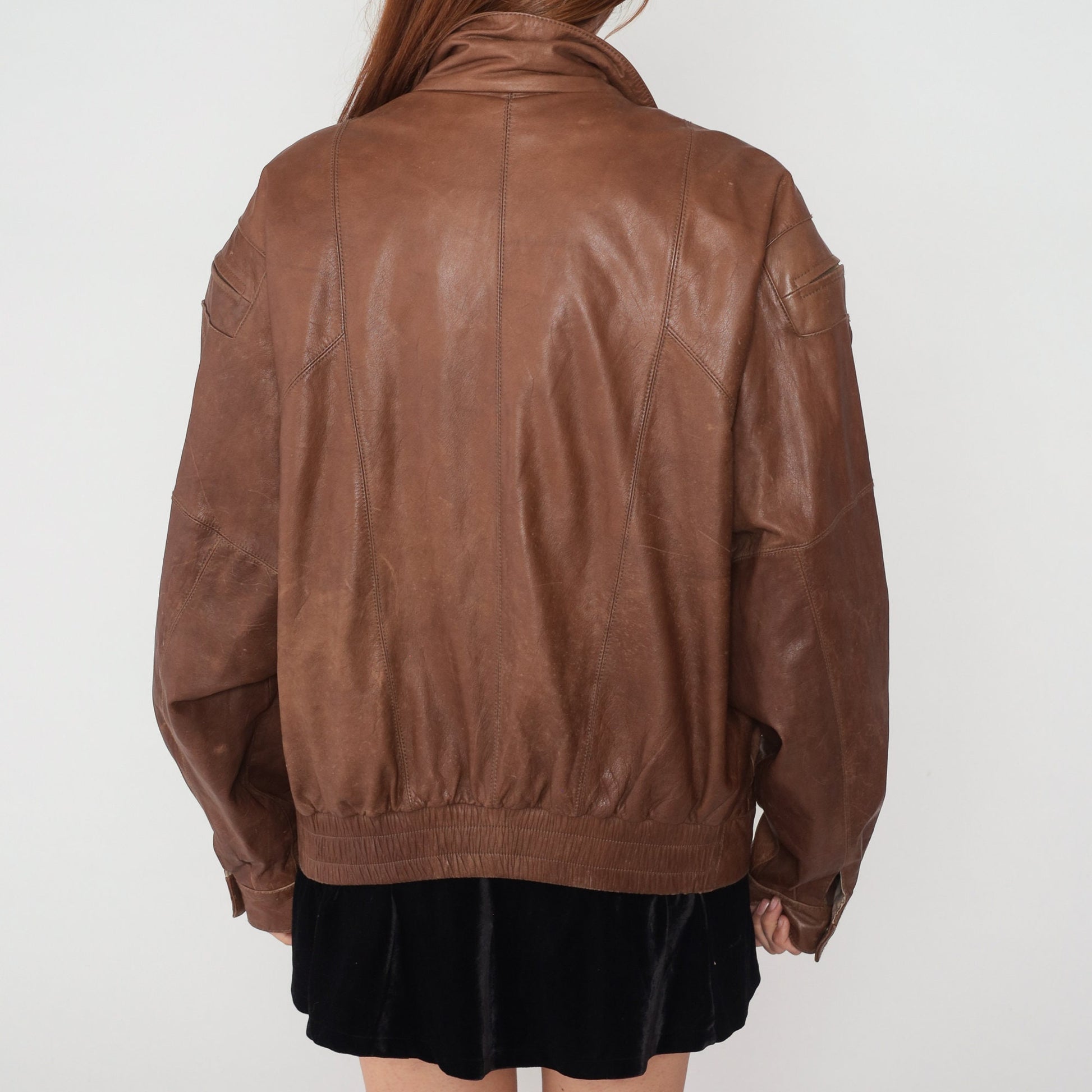90s Brown Leather Bomber Jacket Zip Biker Moto Cafe Racer Large L