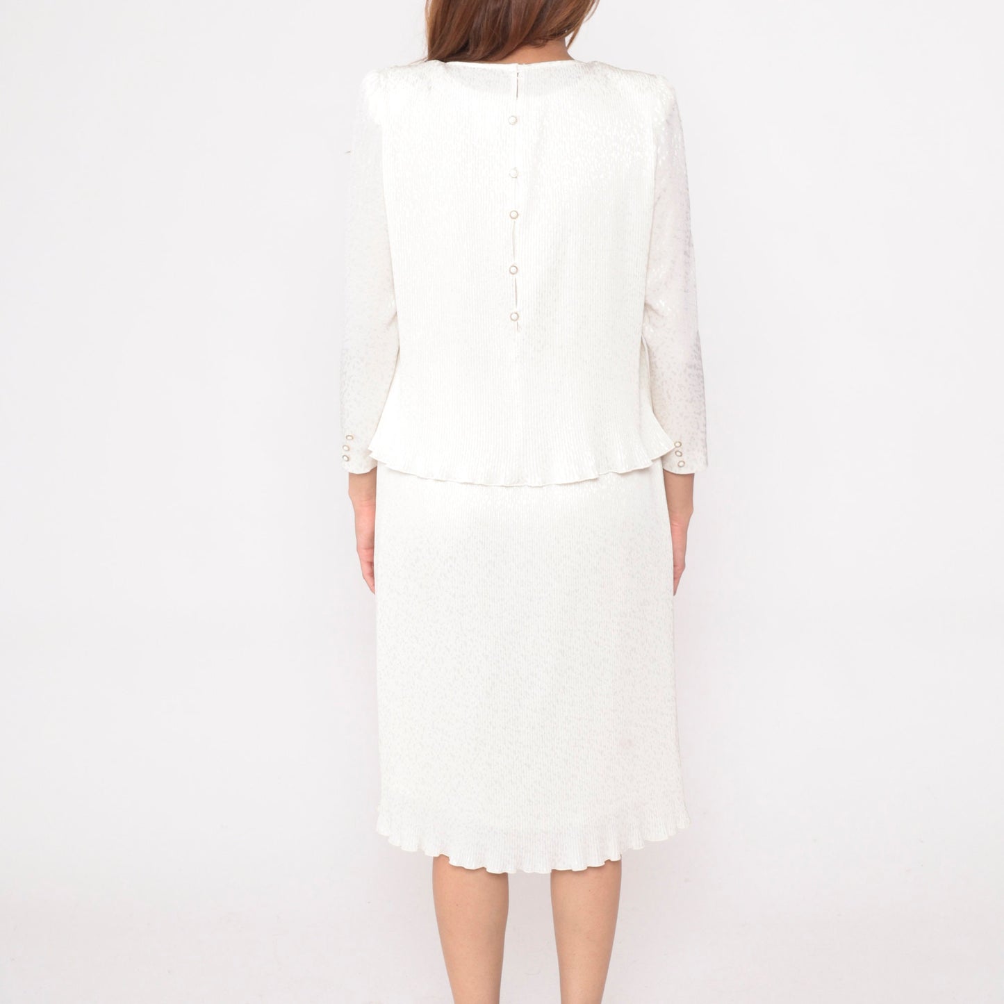 80s White Snakeskin Embossed Midi Dress Puff Sleeve Pearl Beaded Small