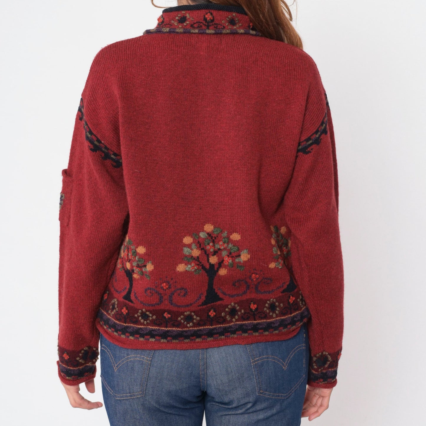 Y2K Icelandic Wool Sweater Quarter Zip Tree Print Red Medium