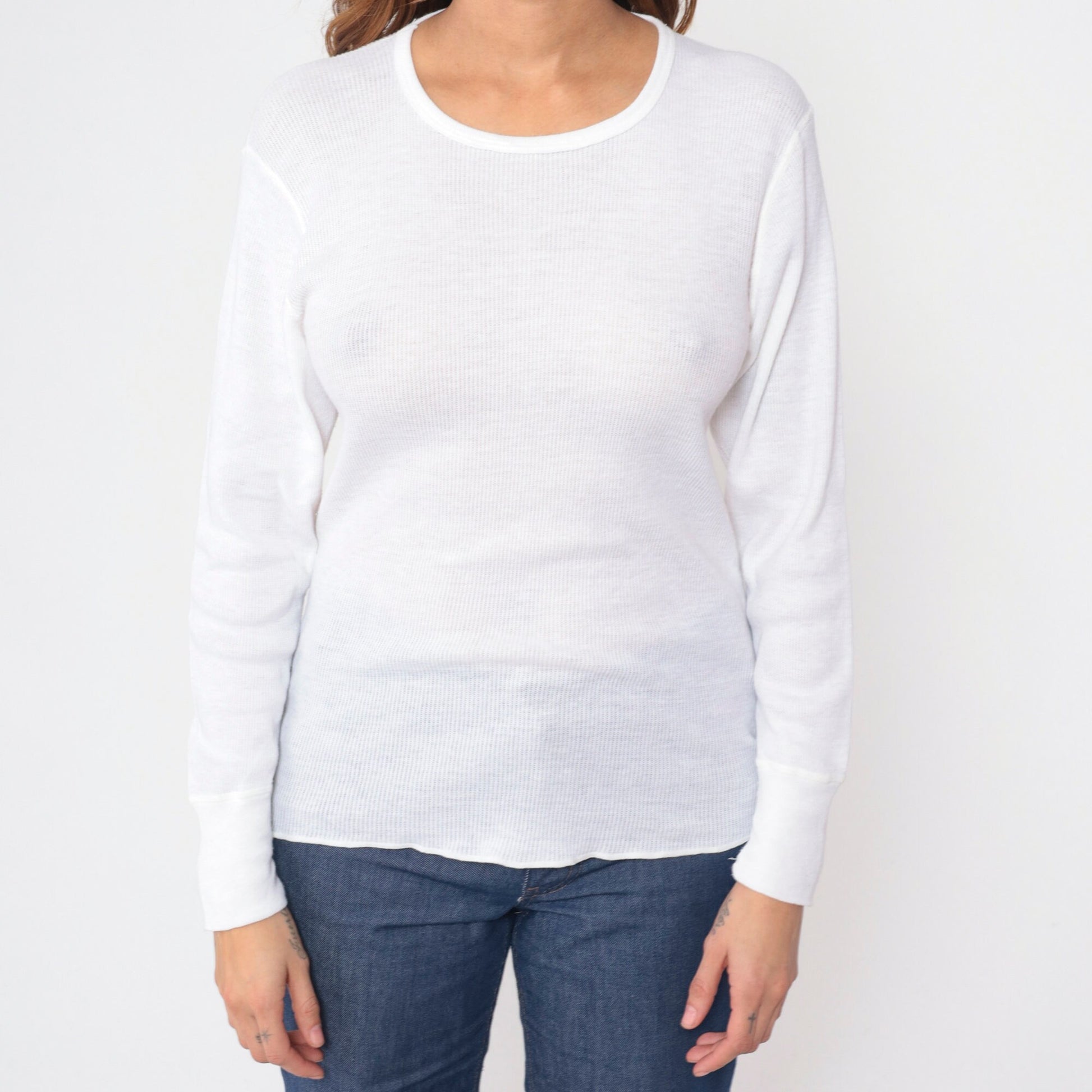 80s White Thermal Waffle Knit Long Sleeve Undershirt Medium