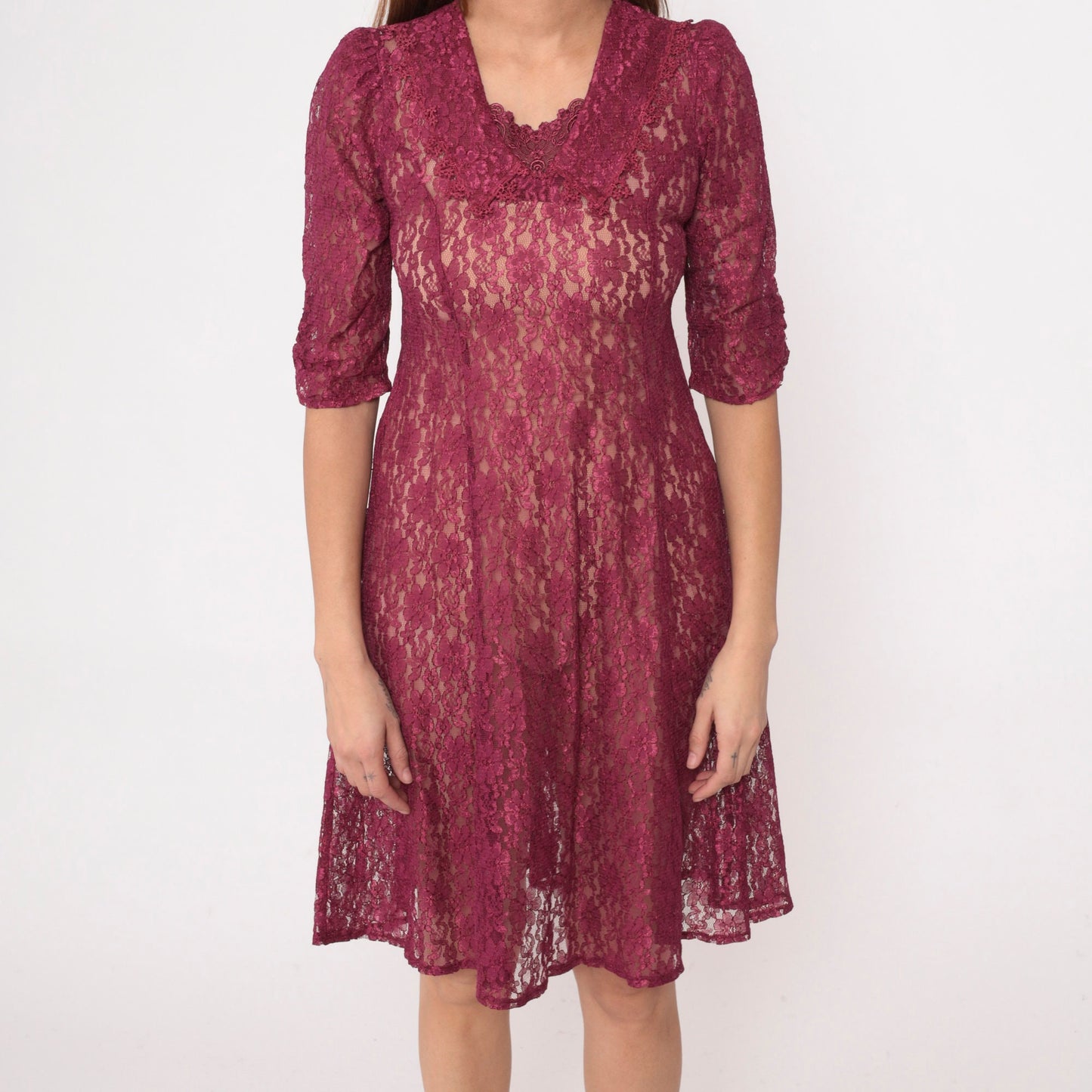 90s Raspberry Lace Dress Chelsea Collar Puff Sleeve Knee Length Extra Small