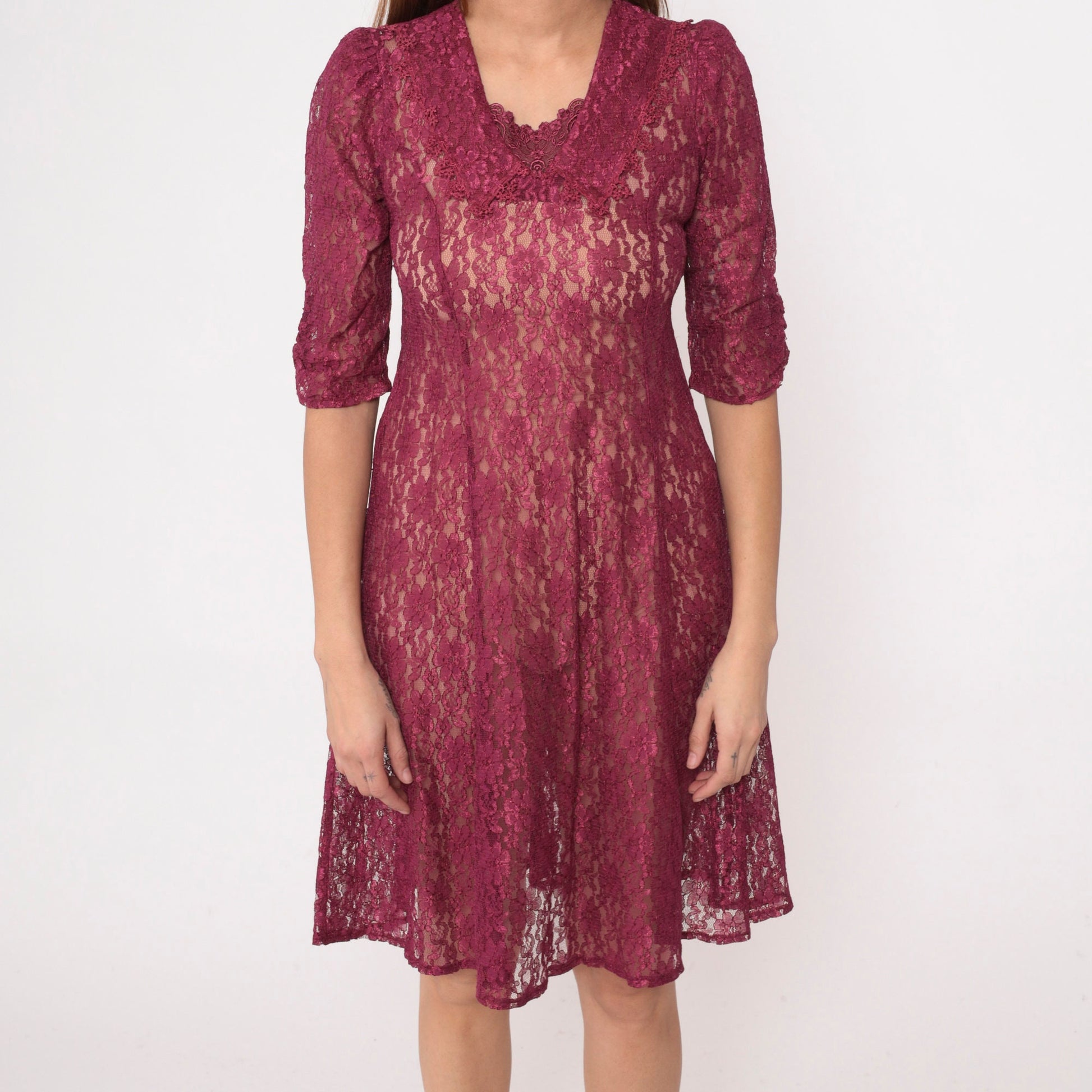90s Raspberry Lace Dress Chelsea Collar Puff Sleeve Knee Length Extra Small