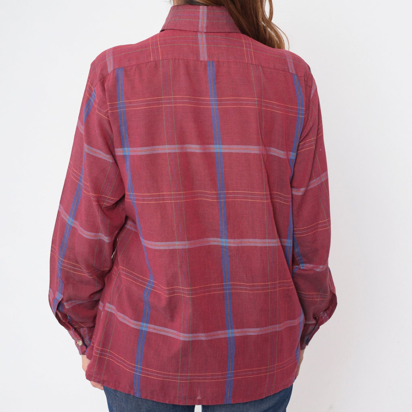 80s Arrow Burgundy Plaid Button-Up Shirt Long Sleeve Collared Medium