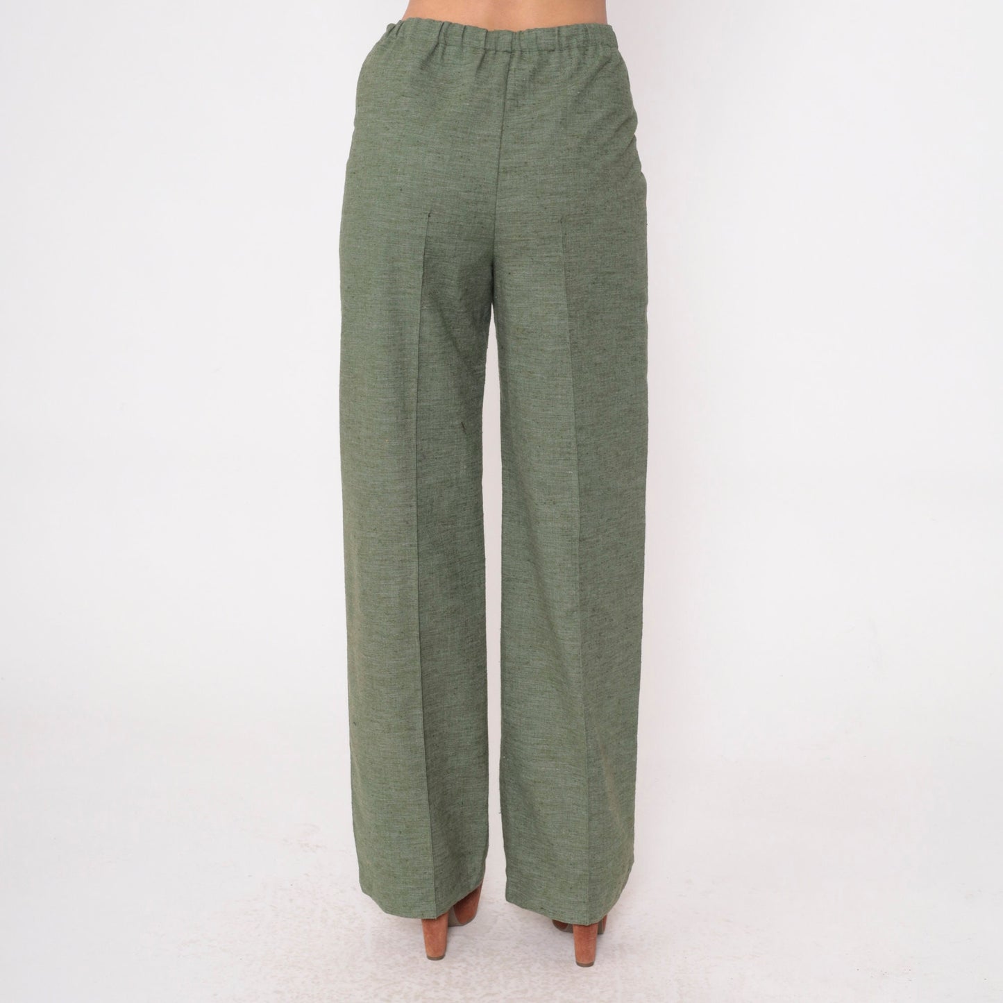 70s Wide Leg Trousers Heathered Green High Waist Creased Medium