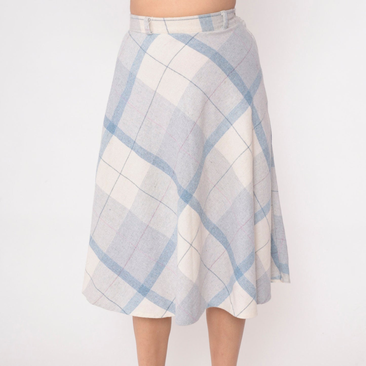 70s Plaid Midi Skirt High Waisted Blue White Wool Blend Extra Small