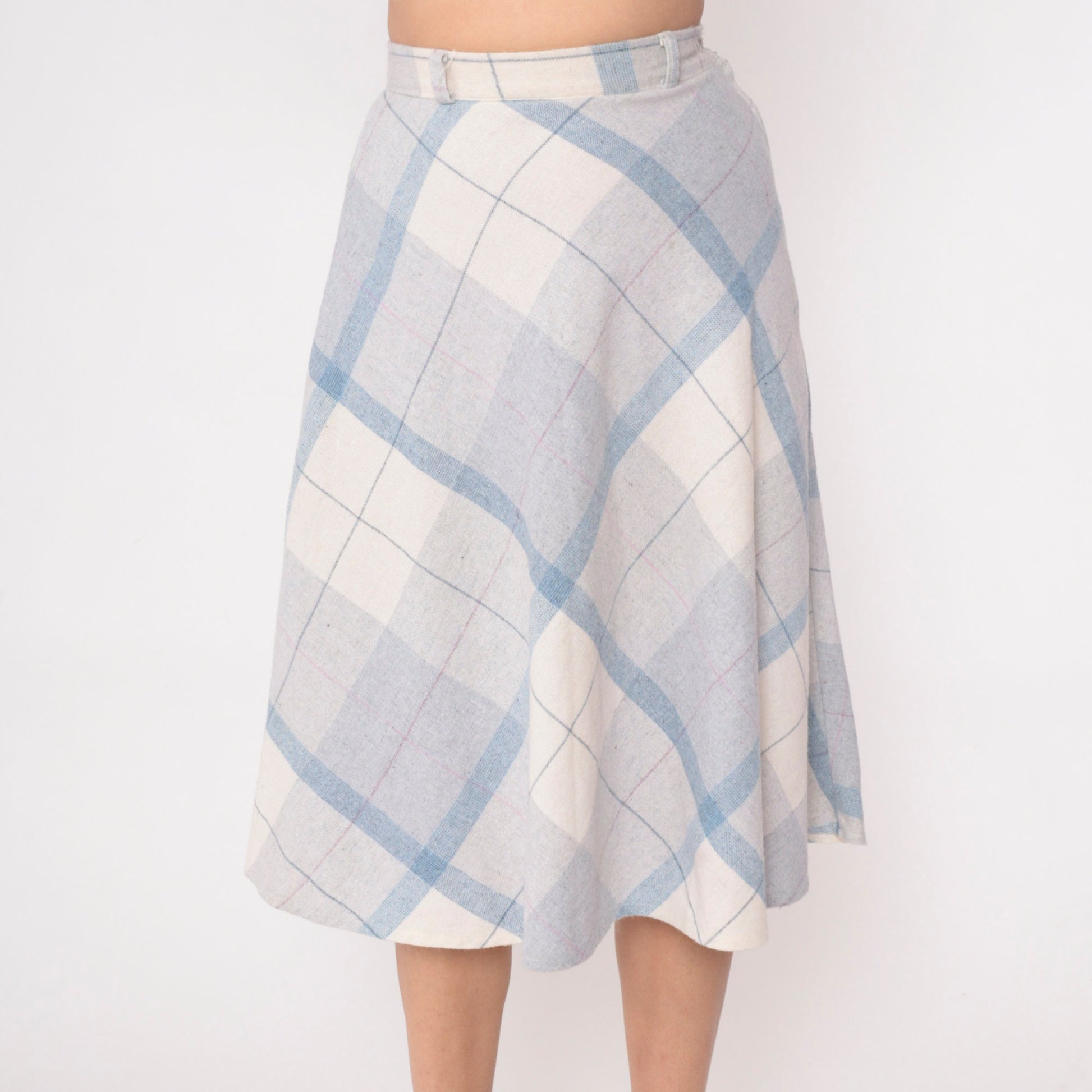70s Plaid Midi Skirt High Waisted Blue White Wool Blend Extra Small