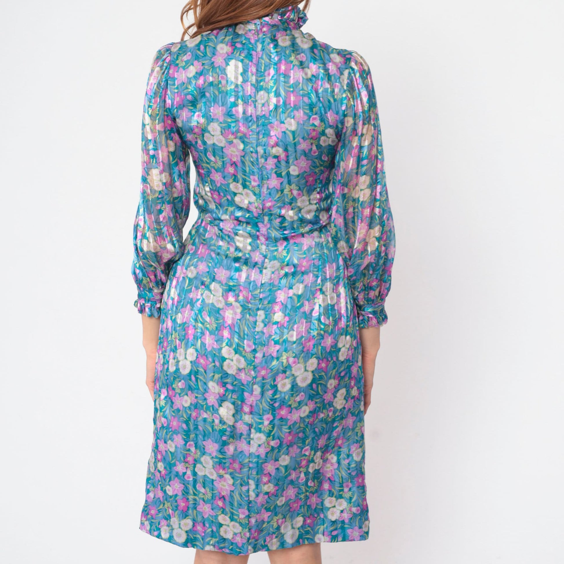 70s Blue Floral Silk Dress Long Sleeve Mock Neck Ruffle Knee Length Small S