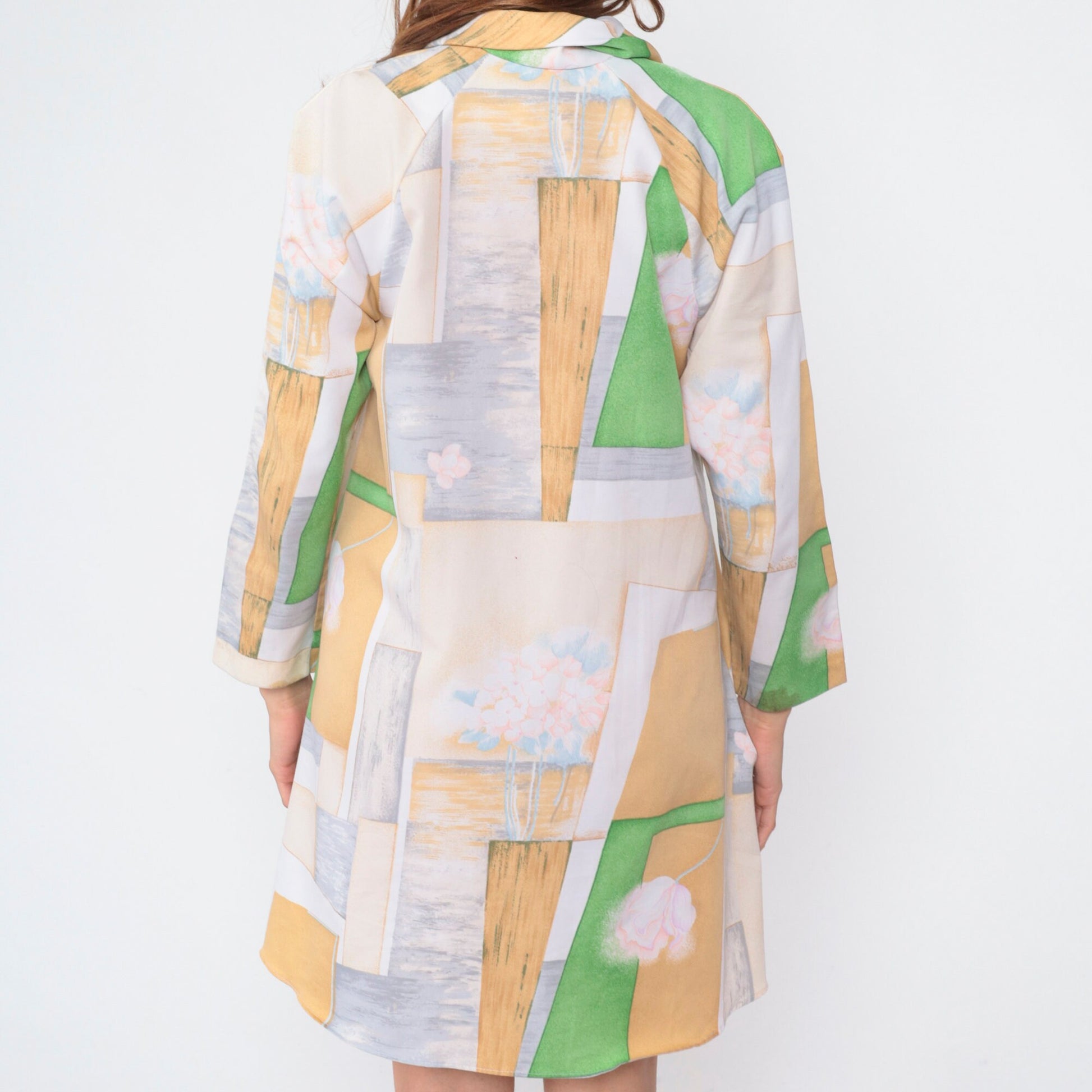 70s Abstract Floral Mini Dress Long Sleeve Zip Front Shift Medium M