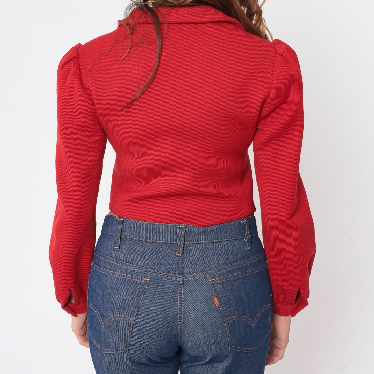 70s Red Corduroy Puff Sleeve Blouse Notched Hem Crop Top Small