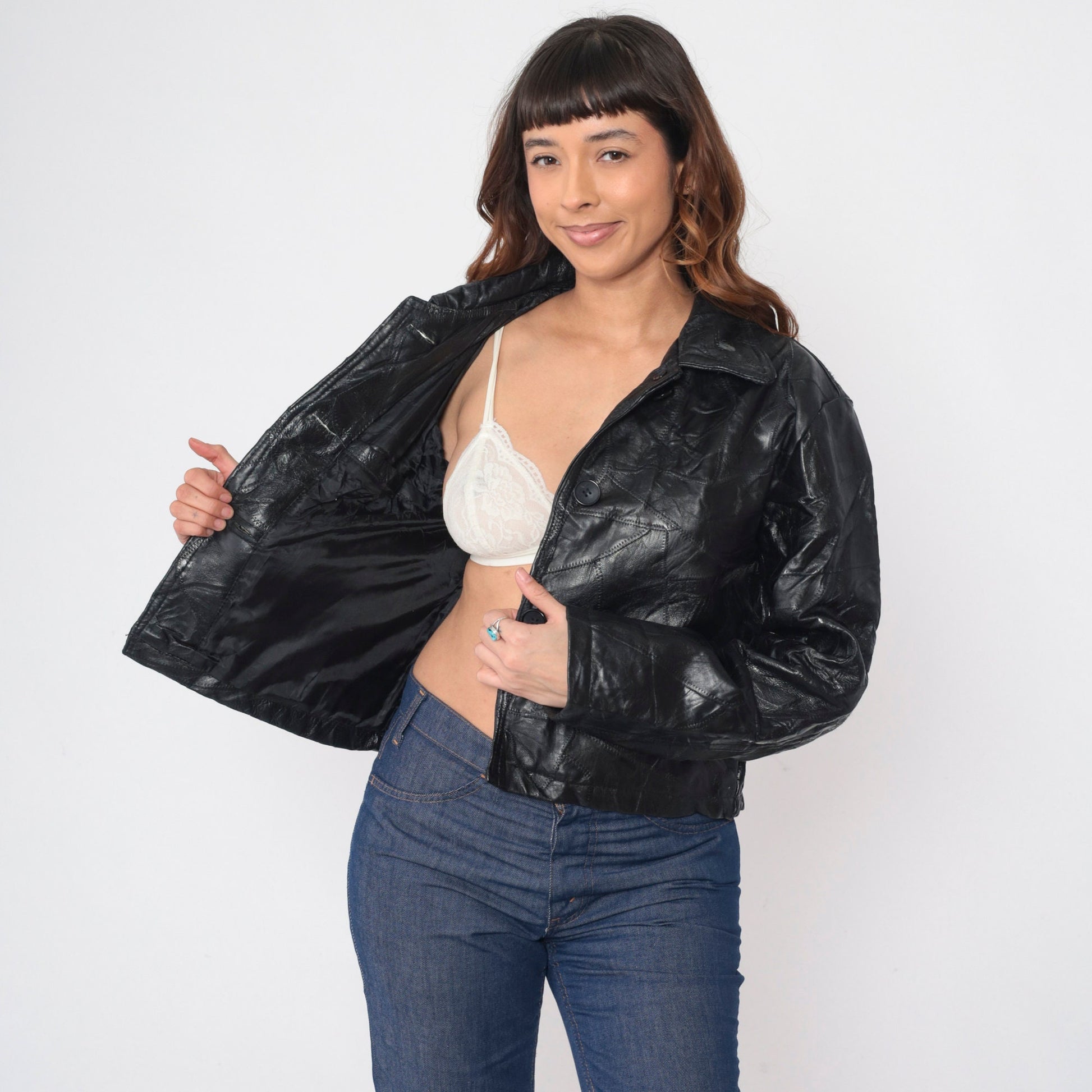 00s Black Patchwork Leather Moto Jacket Italian Stone Design Medium