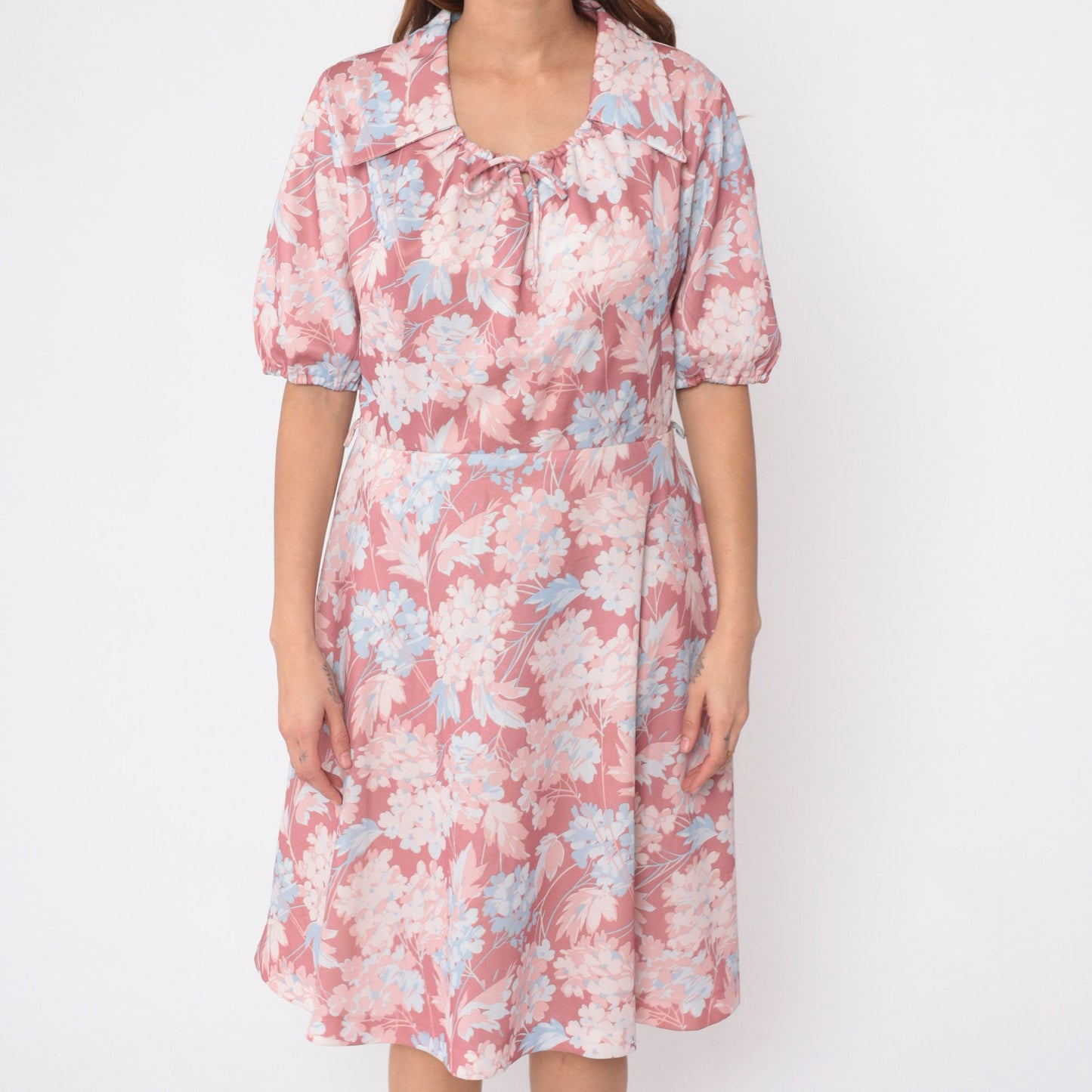 70s Pink Floral Midi Dress Puff Sleeve Collared Drawstring High Waist Medium Large