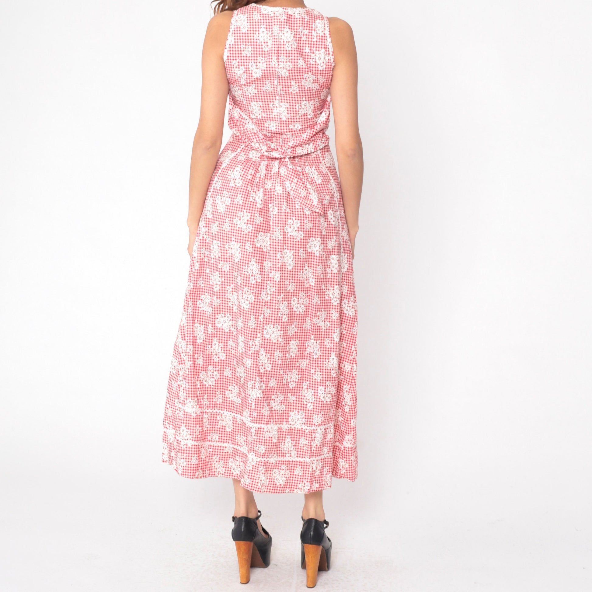 70s Gingham Floral Maxi Dress Red White Sleeveless Ric Rac Trim Extra Small
