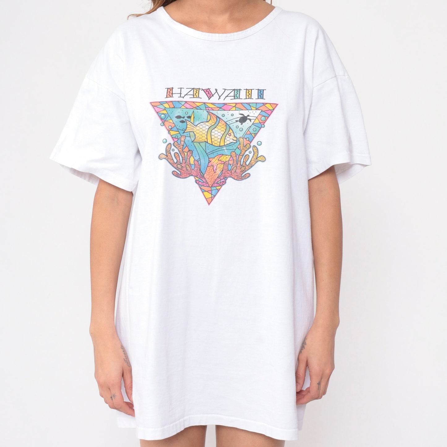 90s Hawaii Tropical Fish Turtle Graphic T-Shirt Dress Extra Large XL