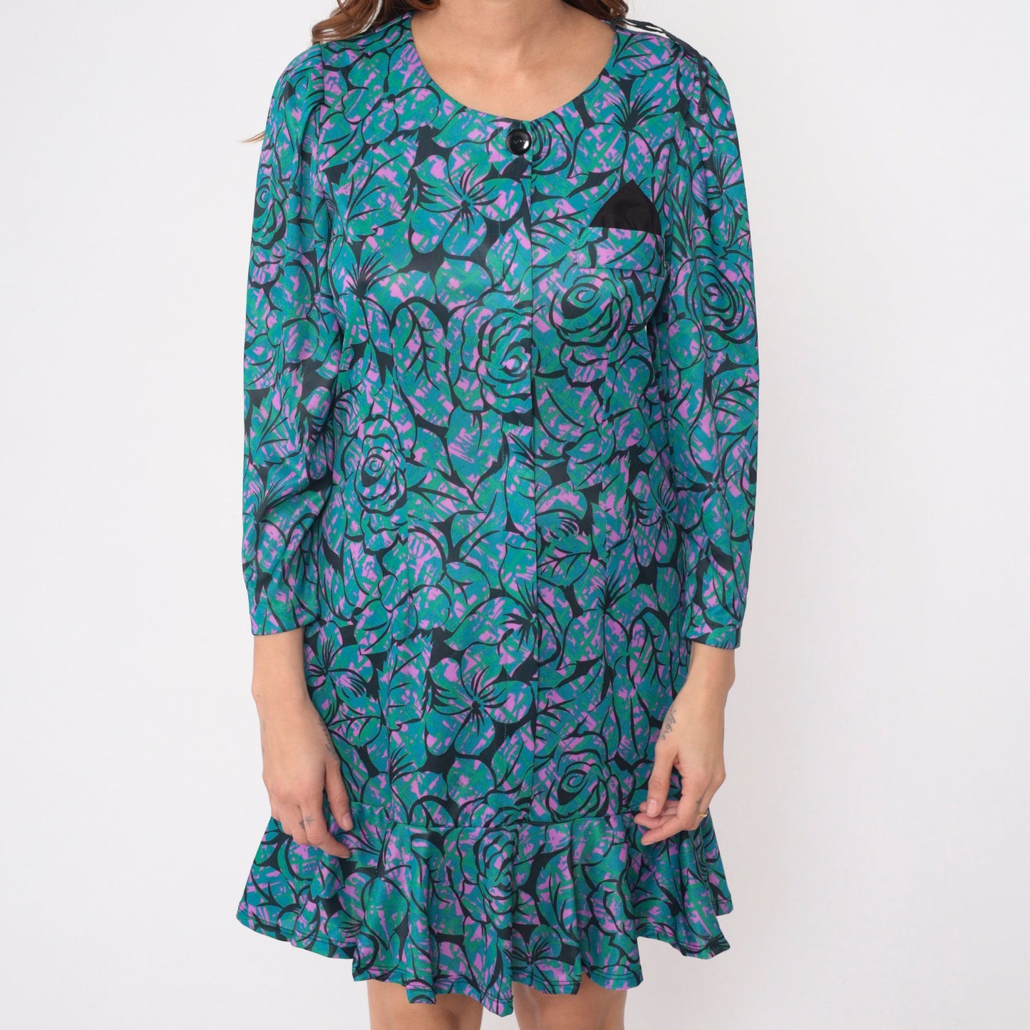 80s Floral Mini Dress Puff Sleeve Drop Waist Black Tropical Print Medium