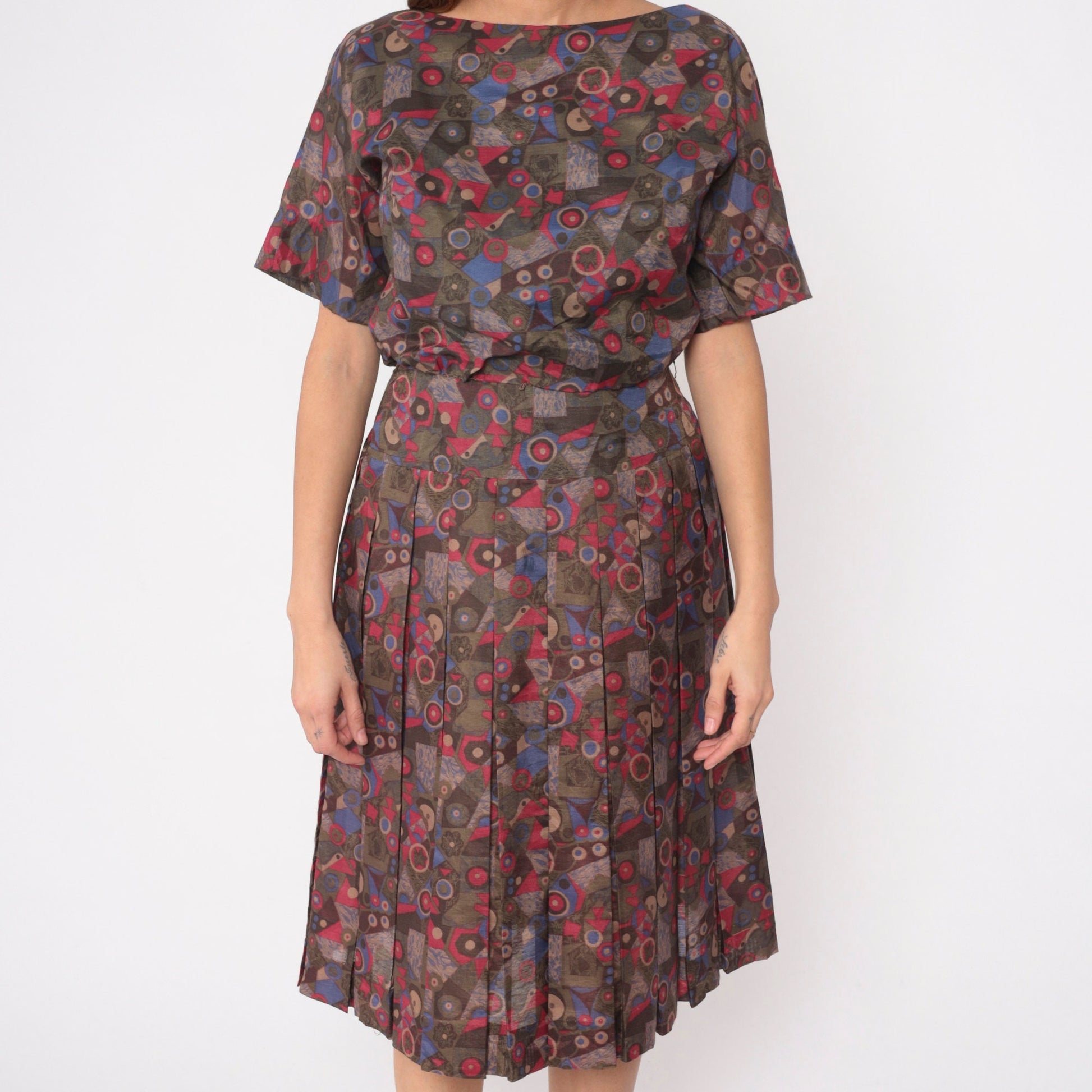60s R&K Originals Geometric Floral Midi Dress High Waisted Pleated Cotton Medium