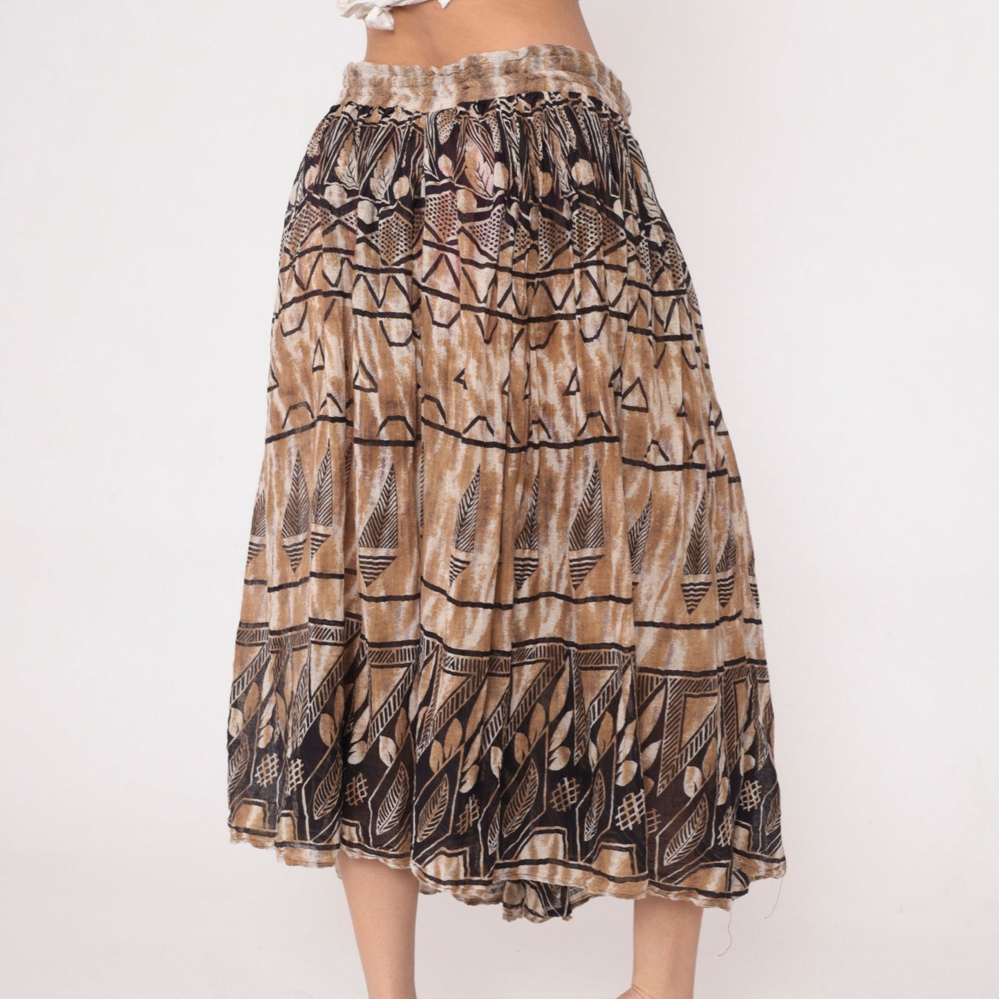 90s Geometric Leaf Print Broomstick Skirt Brown Midi Cotton Medium