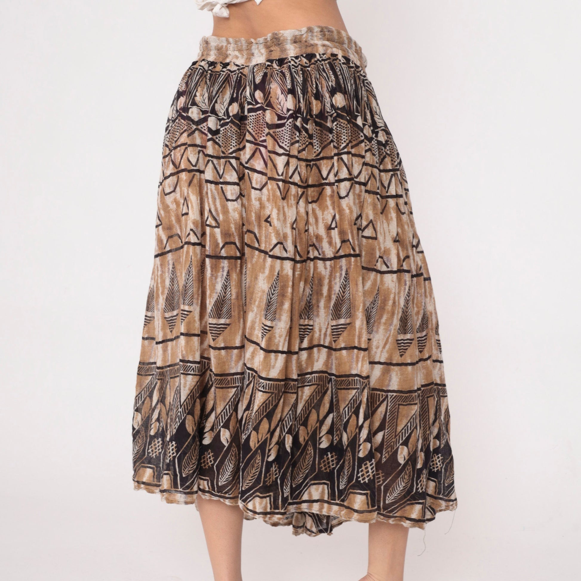 90s Geometric Leaf Print Broomstick Skirt Brown Midi Cotton Medium
