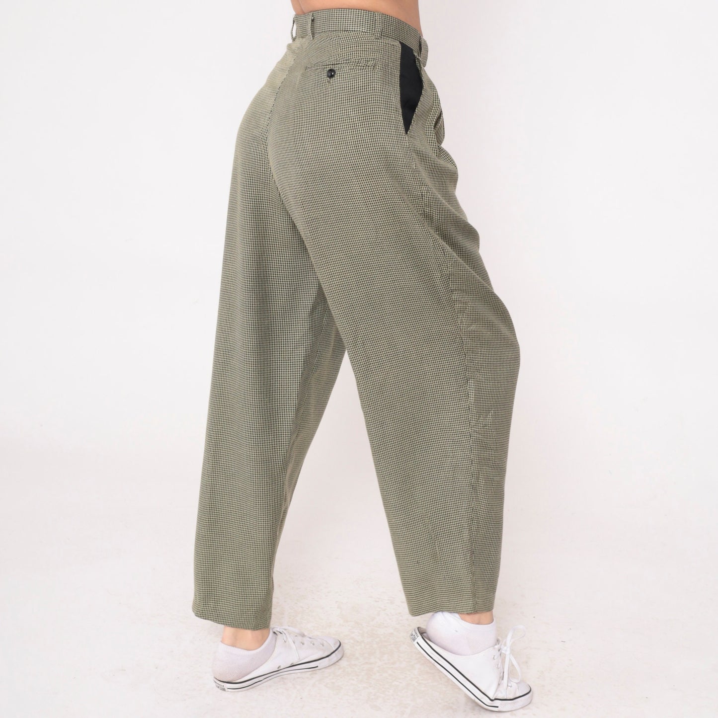 80s Houndstooth Tapered Trousers High Waist Pleated Black Yellow Small