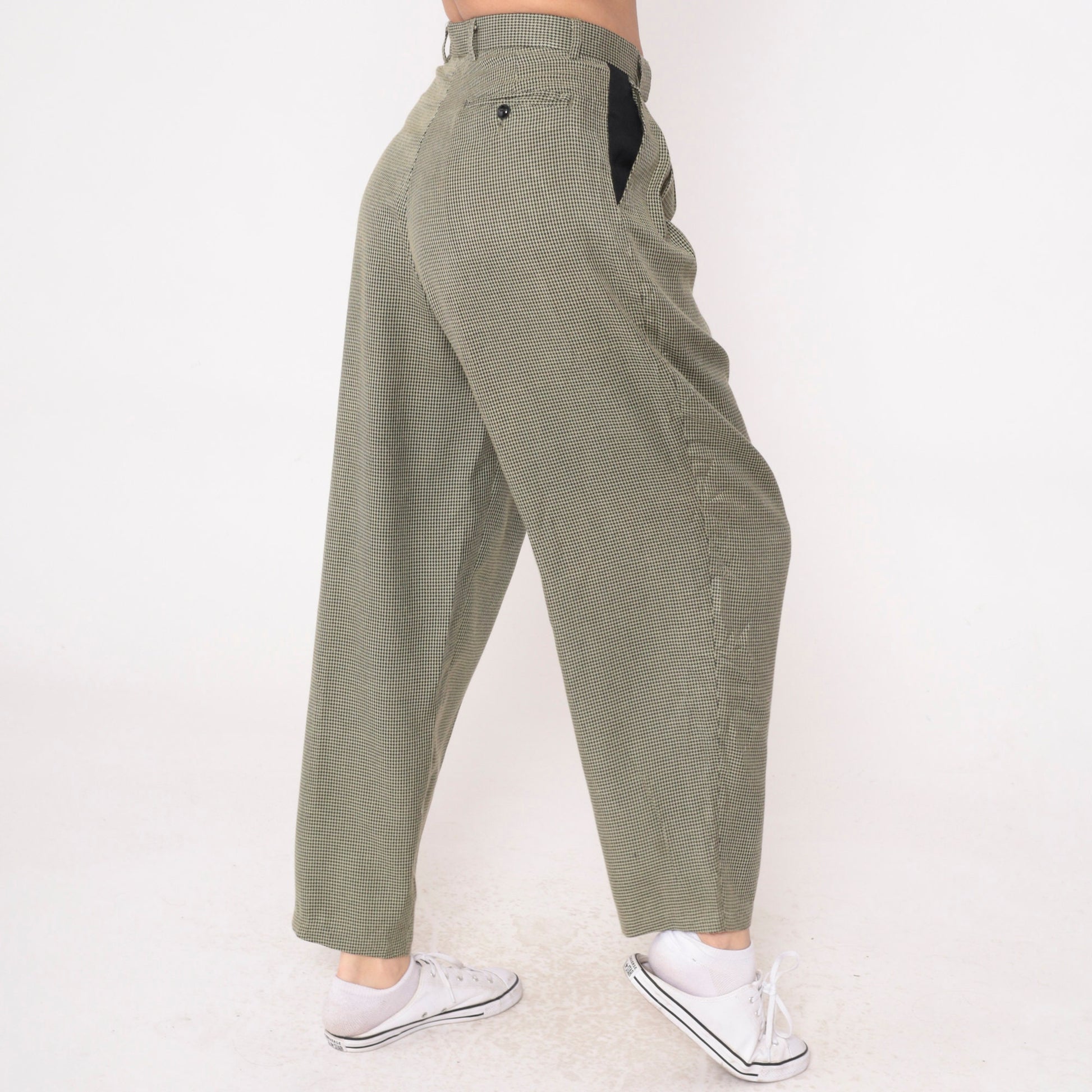 80s Houndstooth Tapered Trousers High Waist Pleated Black Yellow Small