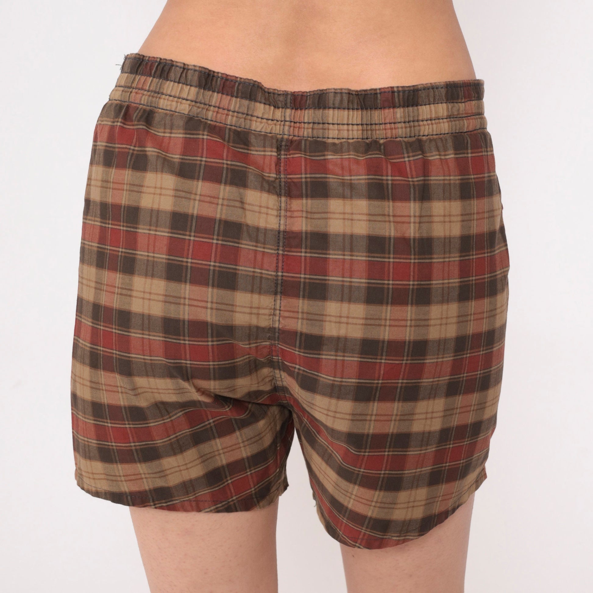 80s Brown Red Plaid Swim Trunks Drawstring Waist Men's Medium