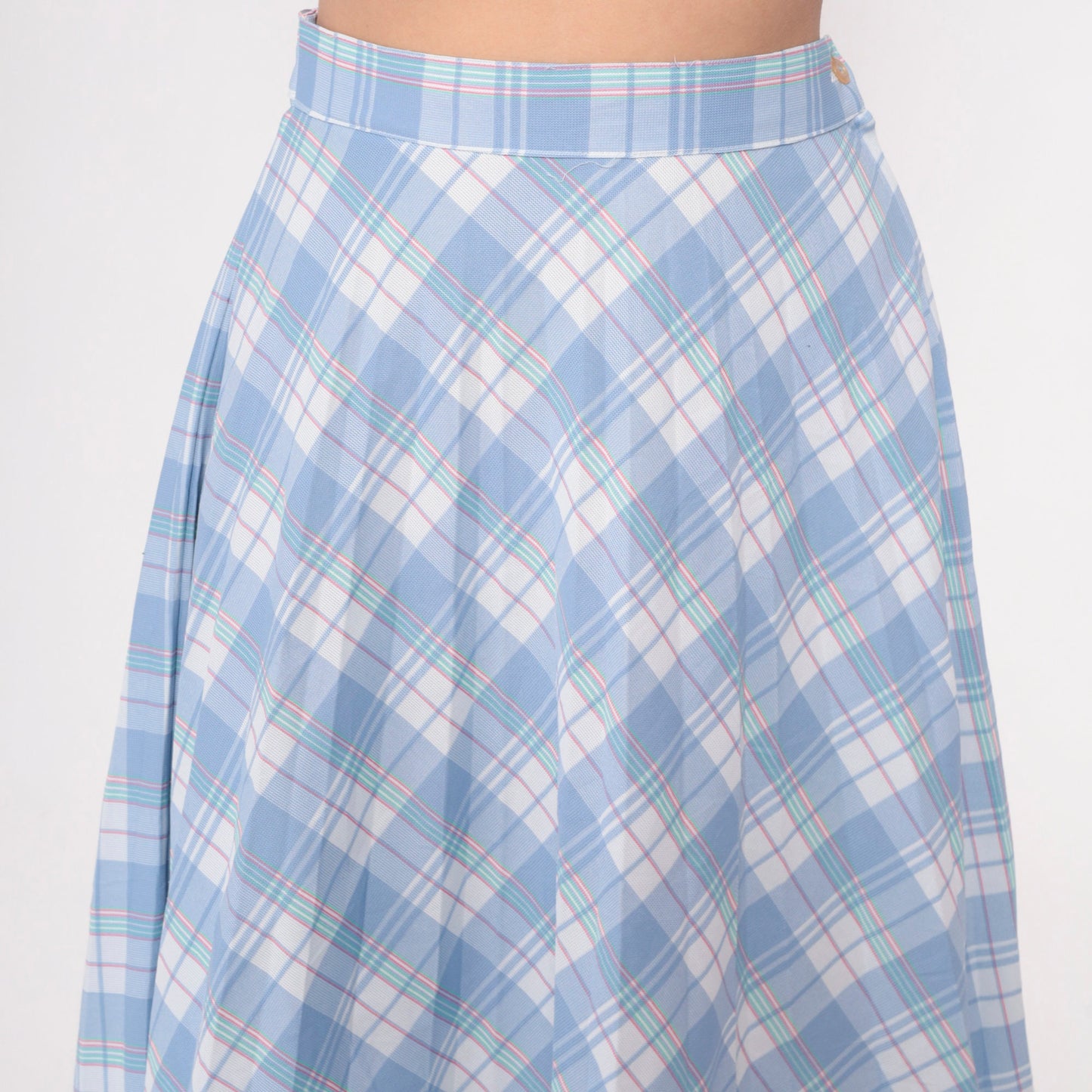 80s Sky Blue White Plaid Midi Skirt High Waist Pleated Small