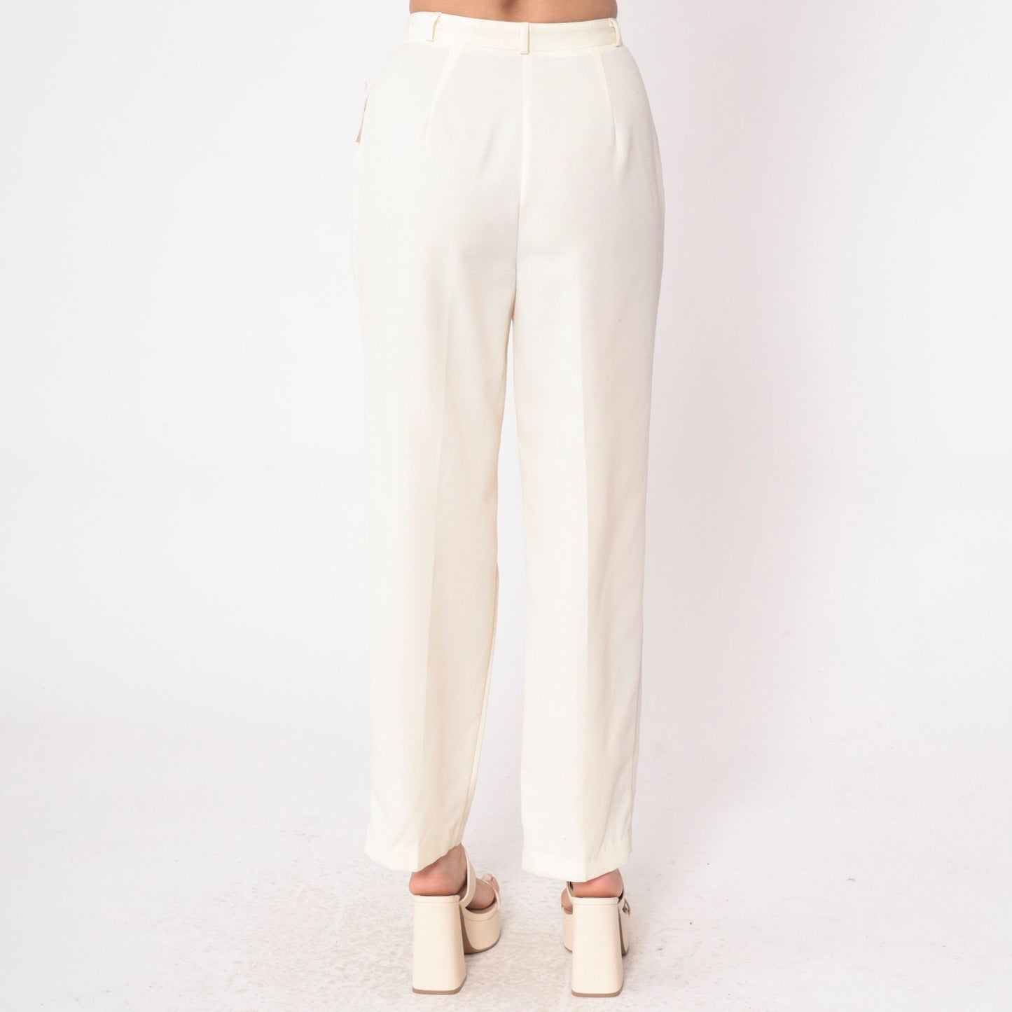 80s Cream High-Waisted Straight Leg Pants Pleated Welt Pockets Small S