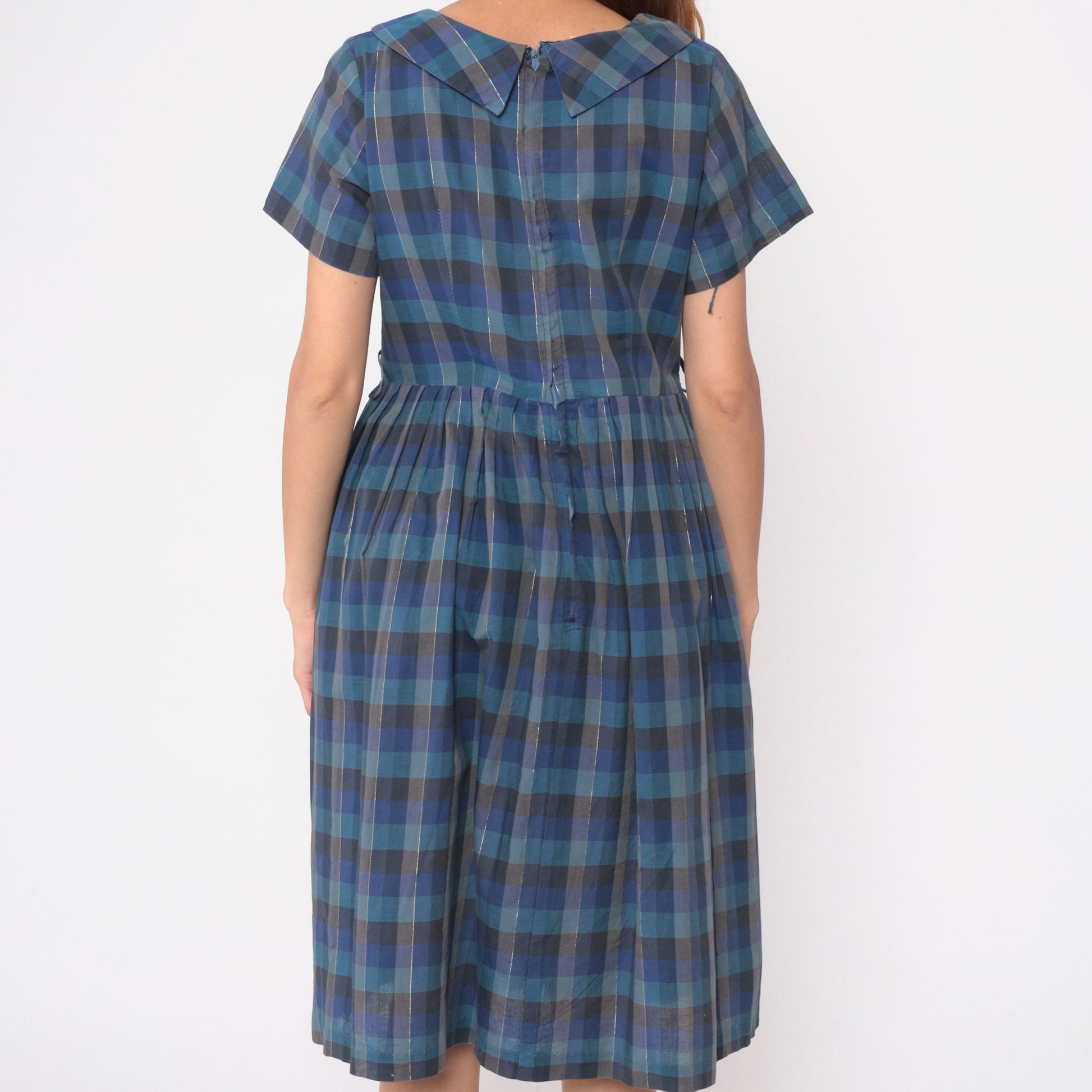 1950s Blue Checkered Metallic Bow Collar Day Dress Midi Short Sleeve Medium