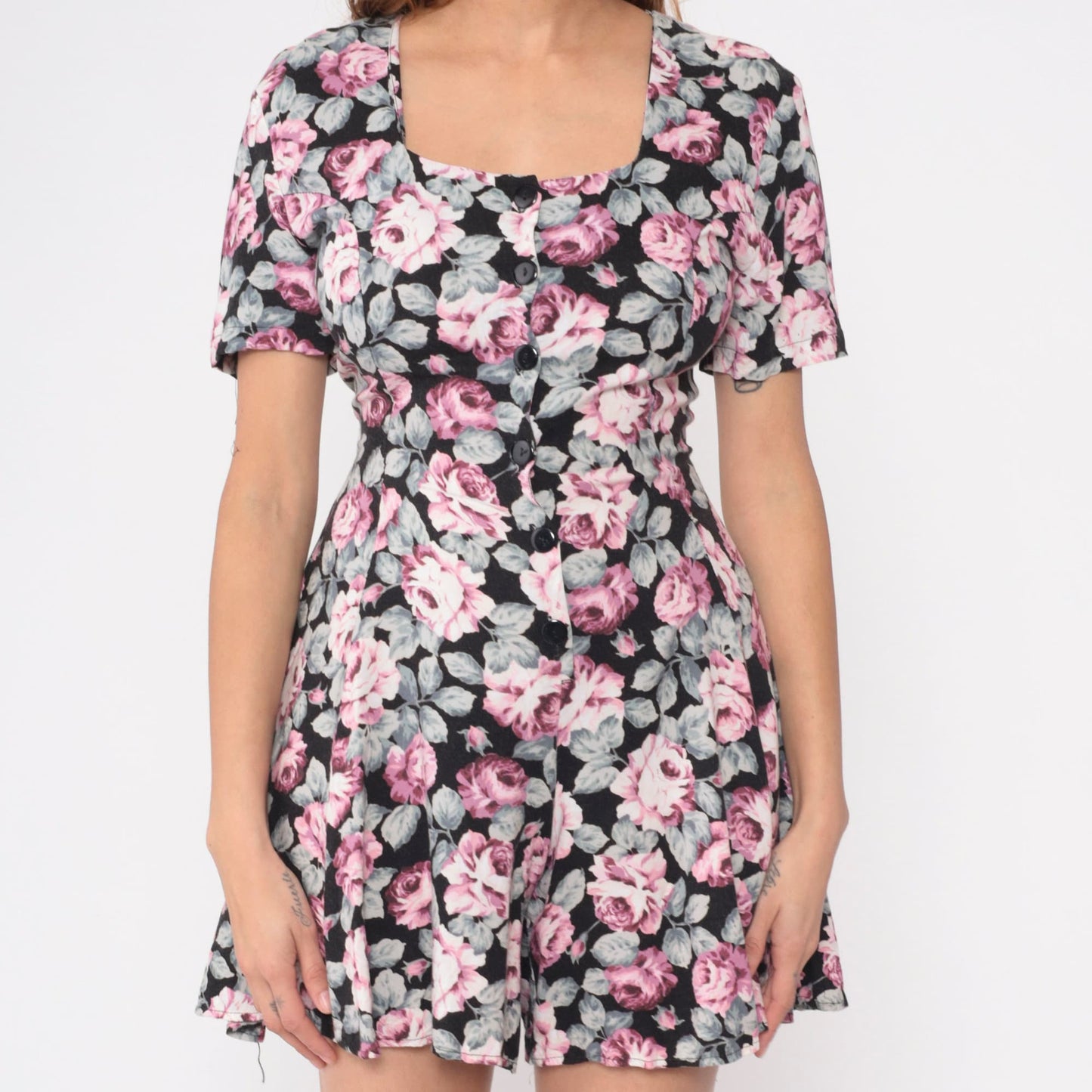 90s Rampage Floral Romper Pink Rose Print Black Button-Up Wide Leg Small S