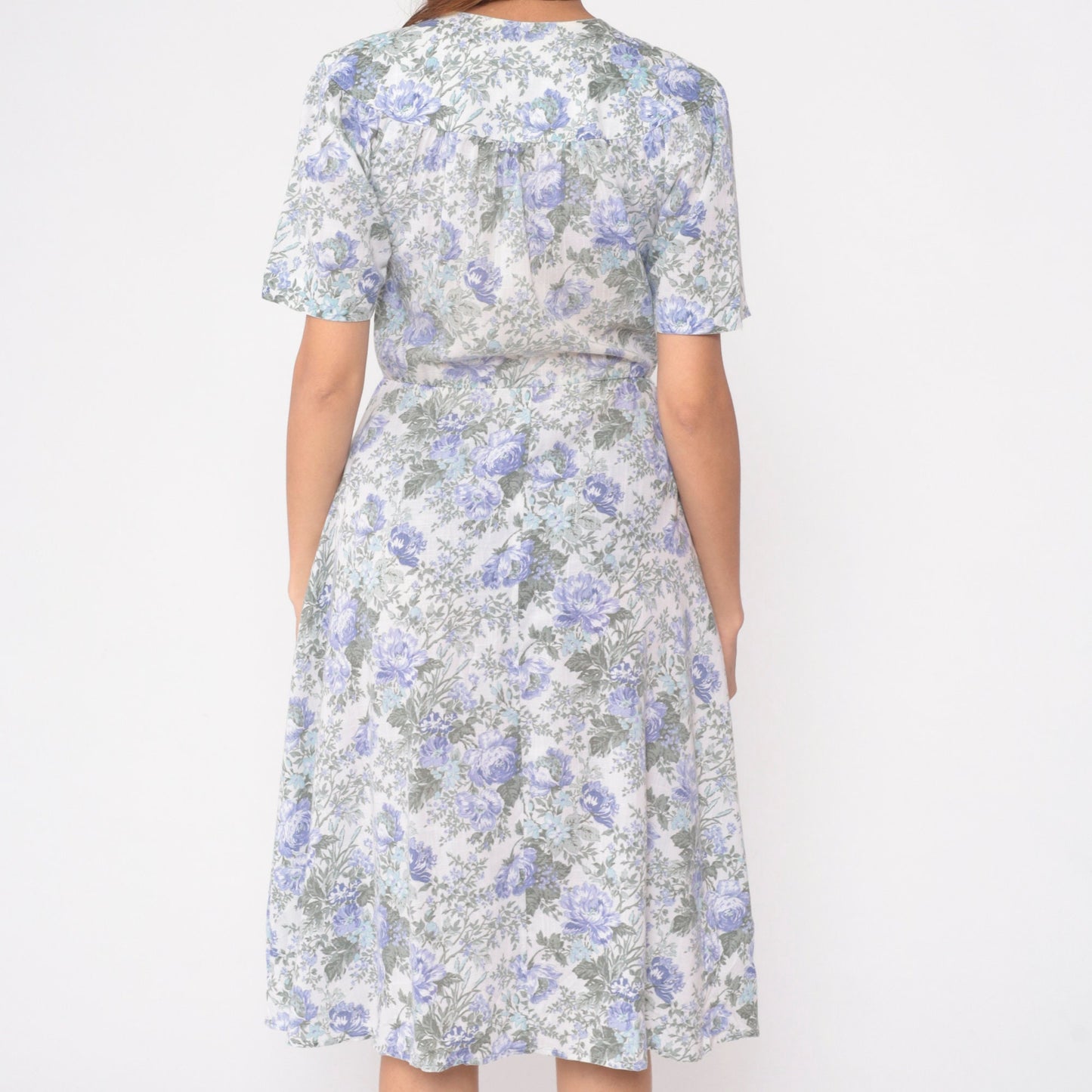 80s Stuart Alan Petites Floral Midi Dress Lavender Button-Up V-Neck Small