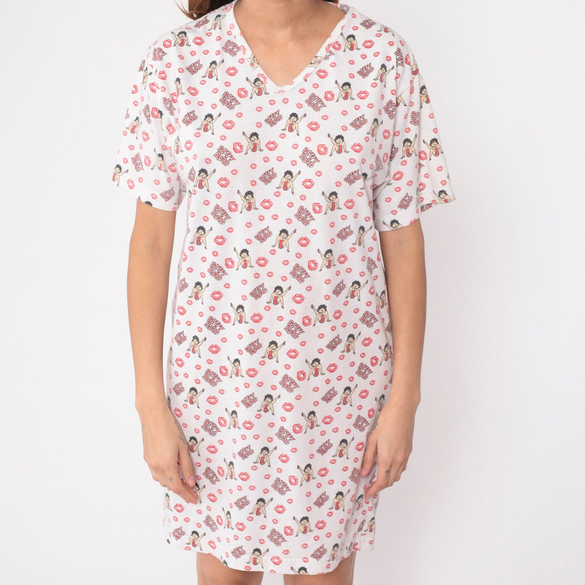 00s Betty Boop Kisses Print Nightie Dress V-Neck Mini Graphic Small S