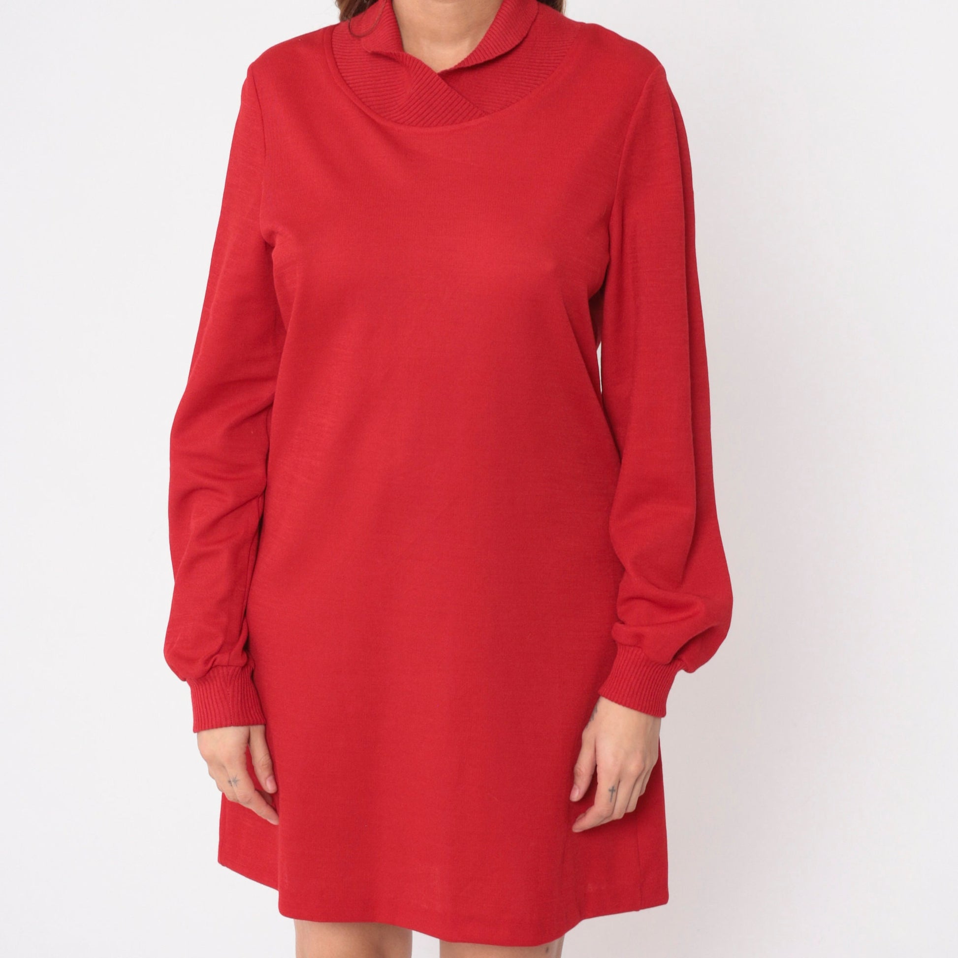 80s Red Mini Shift Dress Shawl Collar Ribbed Knit Small
