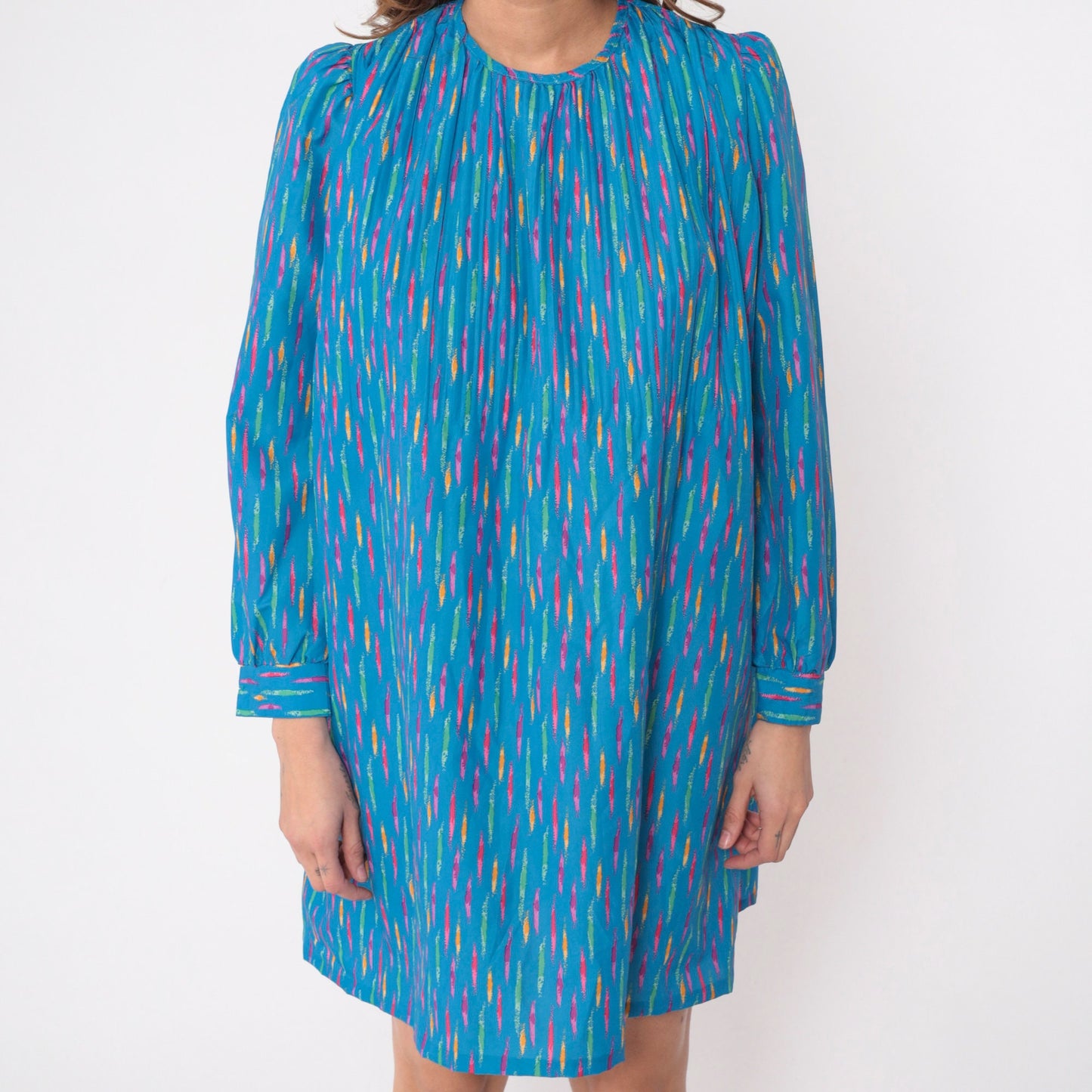 80s Mary Jane Corey California Striped Mini Dress Blue Puff Sleeve Shift Small