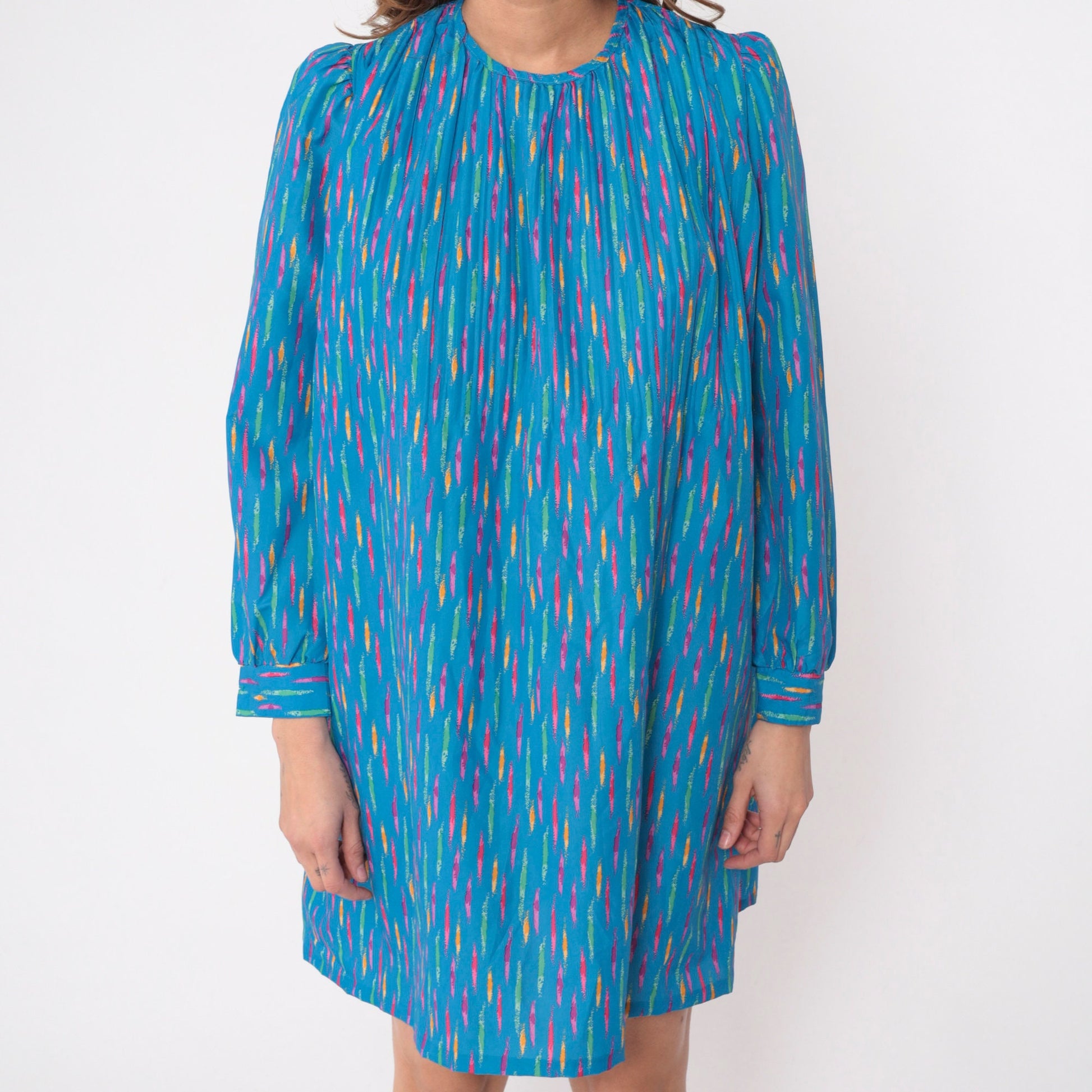 80s Mary Jane Corey California Striped Mini Dress Blue Puff Sleeve Shift Small