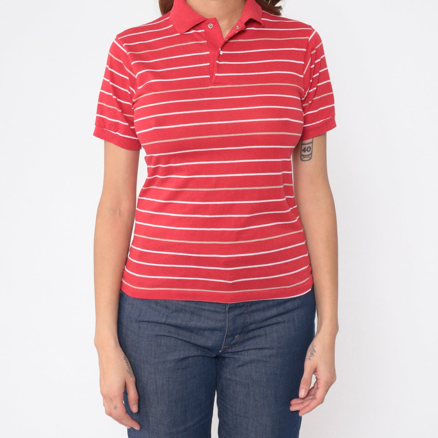 80s Red Striped Polo Shirt Snap Button Collared Top Extra Small