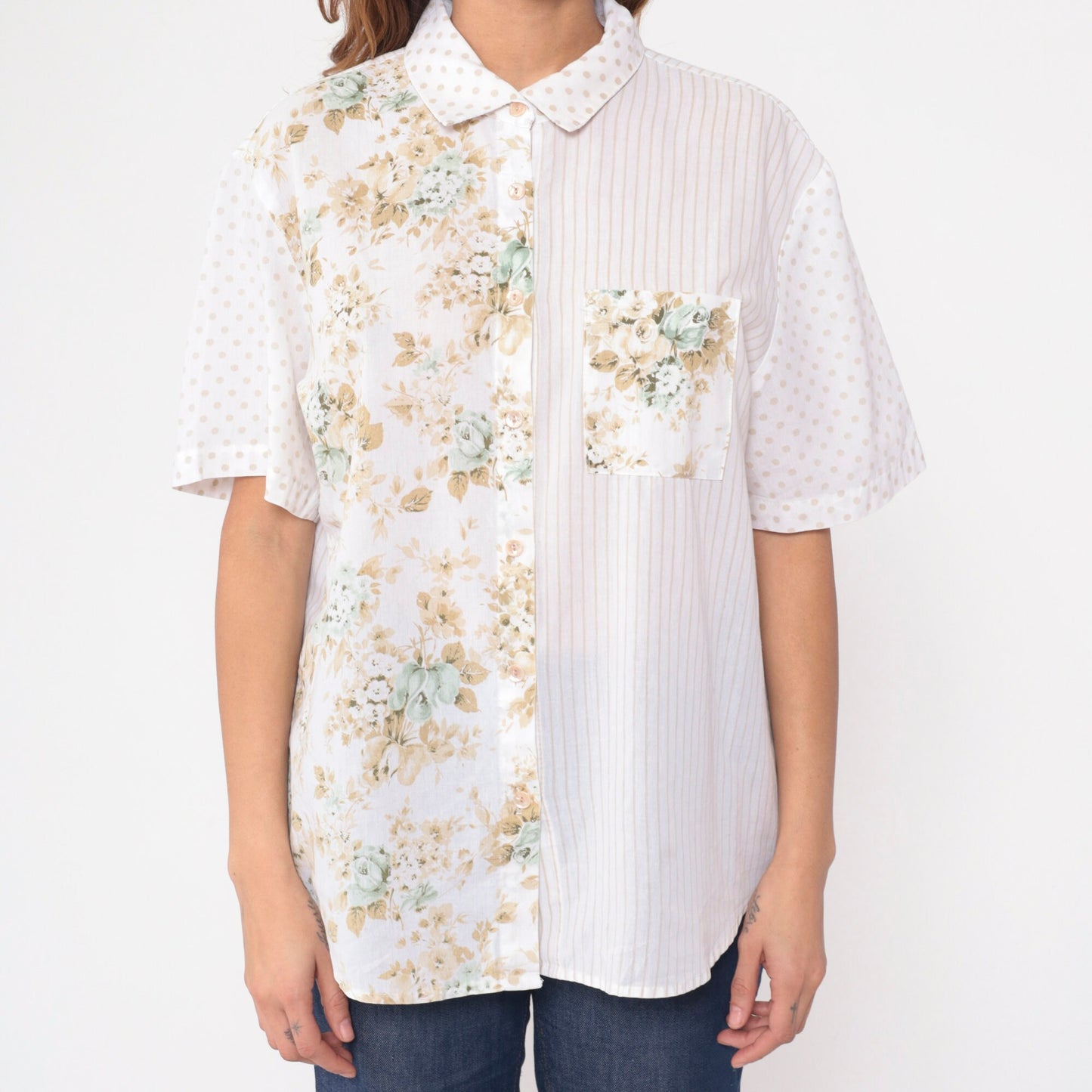 90s Kap & Co. Patchwork Floral Striped Button-Up Blouse White Extra Large XXL