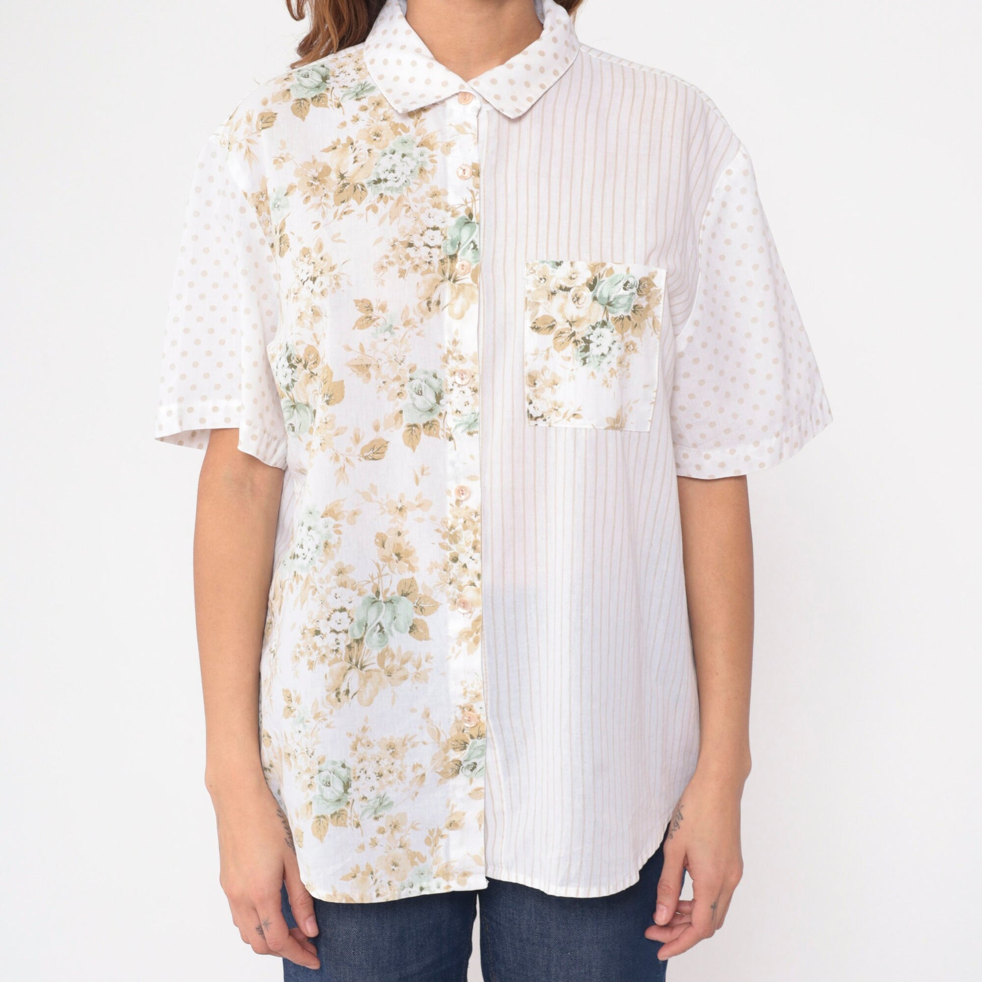 90s Kap & Co. Patchwork Floral Striped Button-Up Blouse White Extra Large XXL