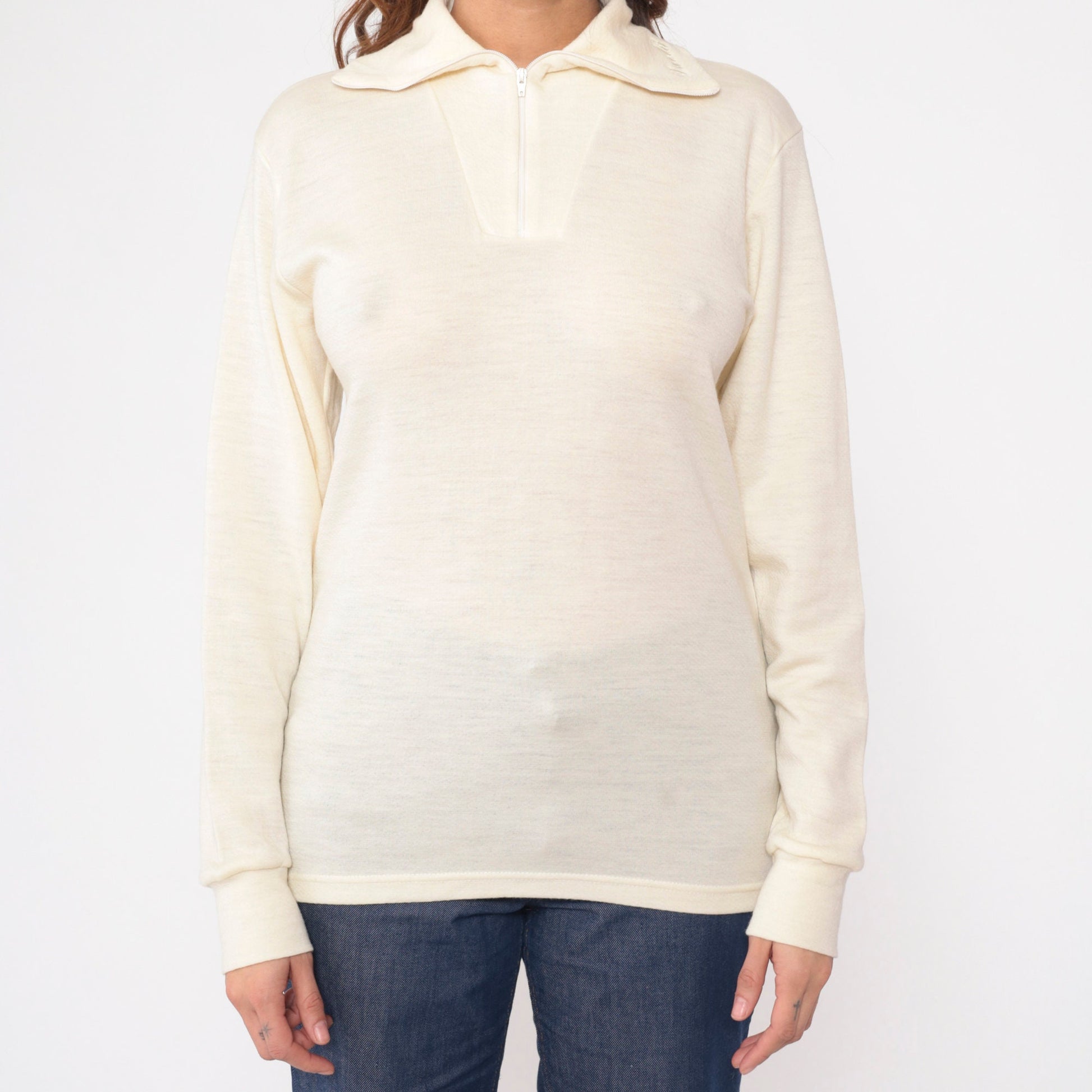 80s Devold Cream Wool Quarter Zip Pullover Long Sleeve Small
