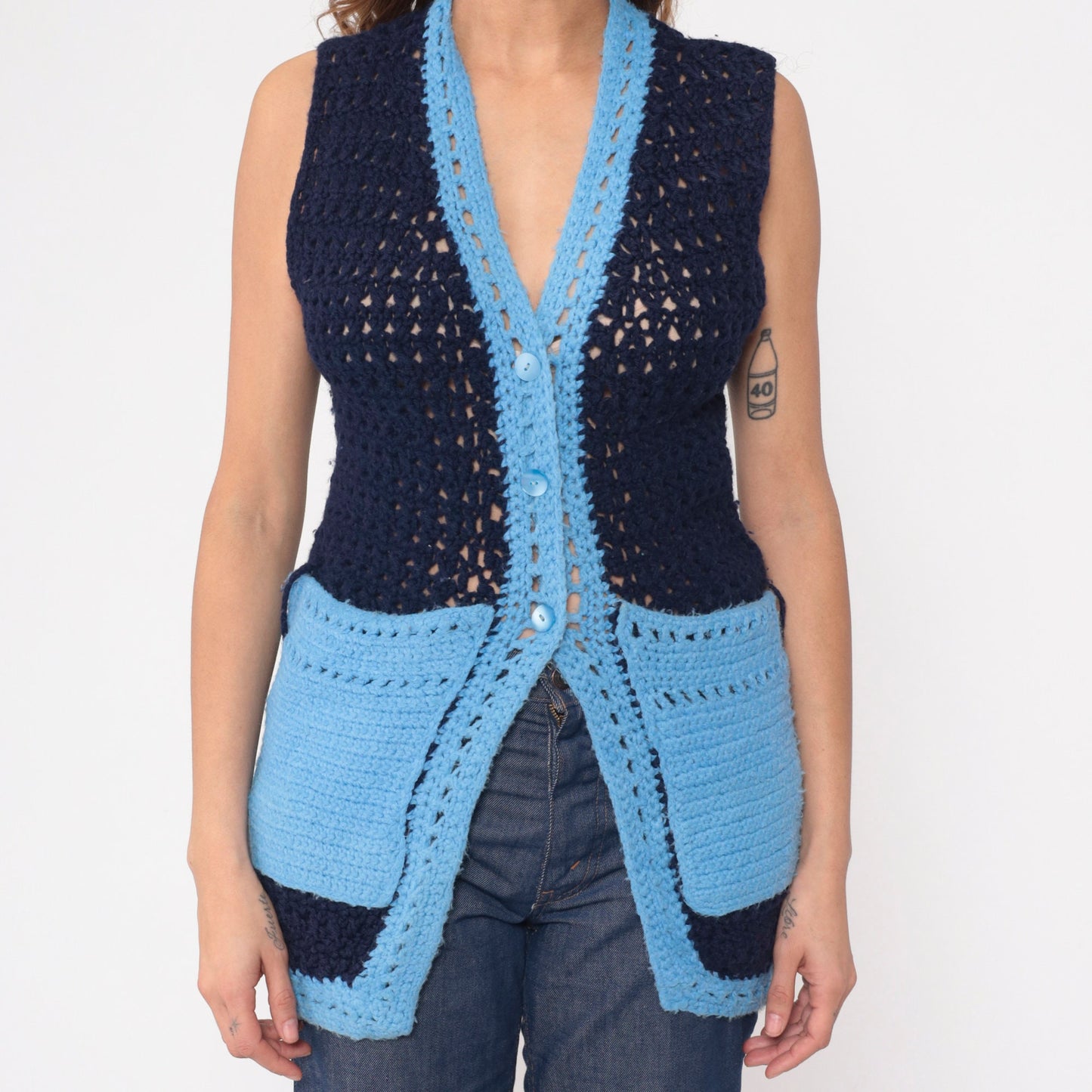 70s Navy Crochet Knit Vest Button-Up V-Neck Sheer Pockets Extra Small