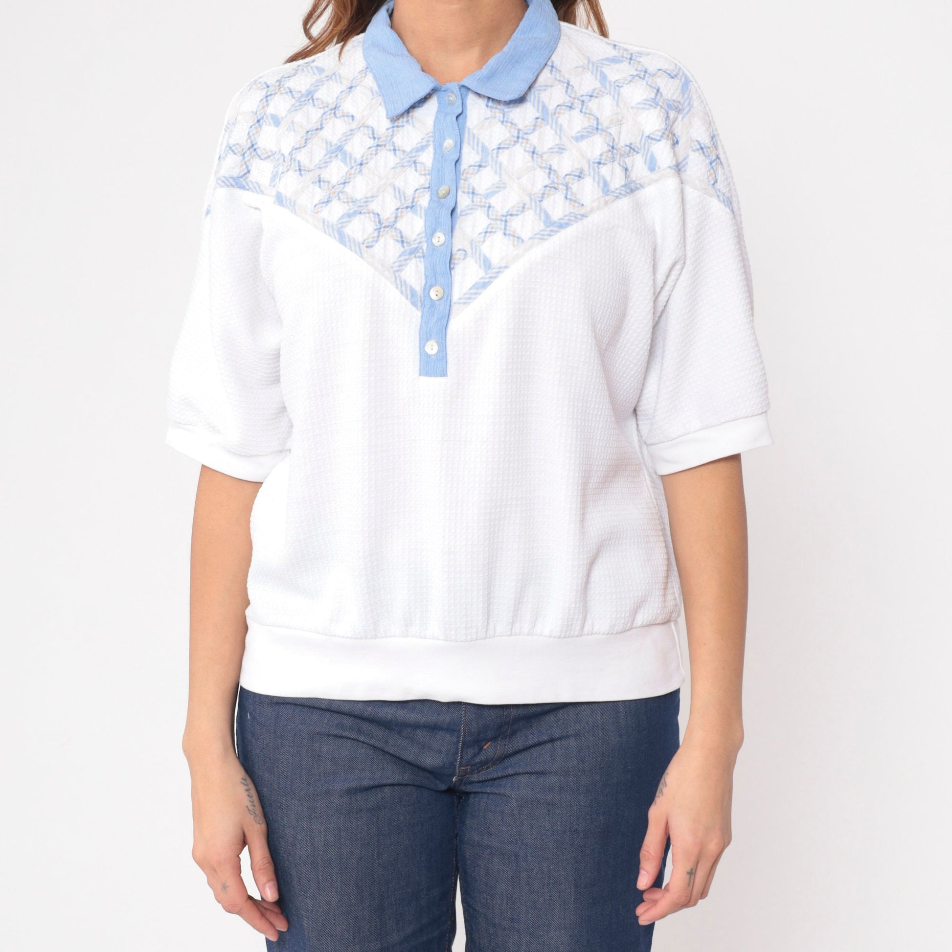 90s Koret Polo Shirt White Lattice Waffle Knit Dolman Sleeve Large L